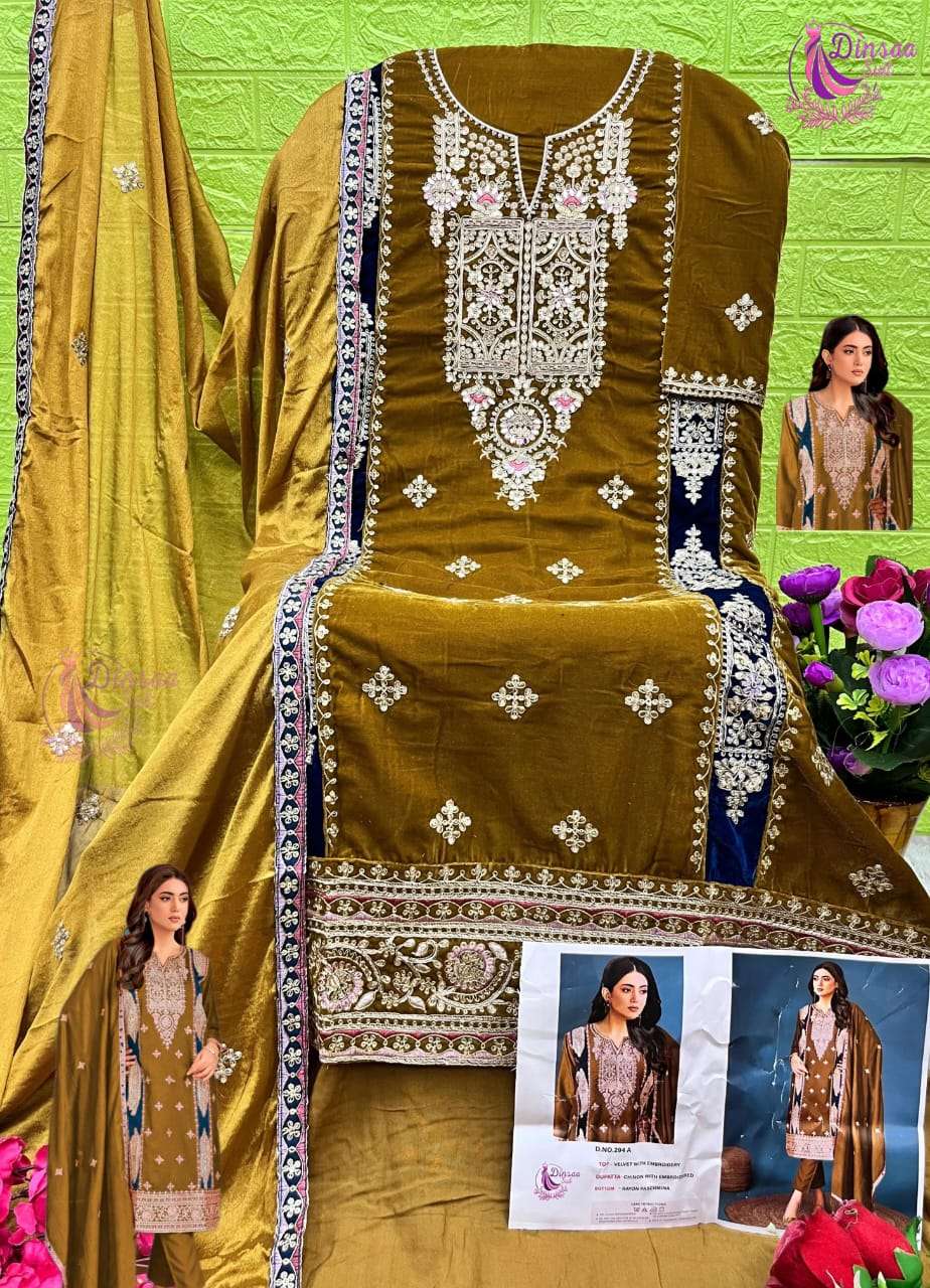 DINSAA SUIT DESIGN NO-294 A-B-C-D HIT DESIGN VELVET PAKISTANI SUIT