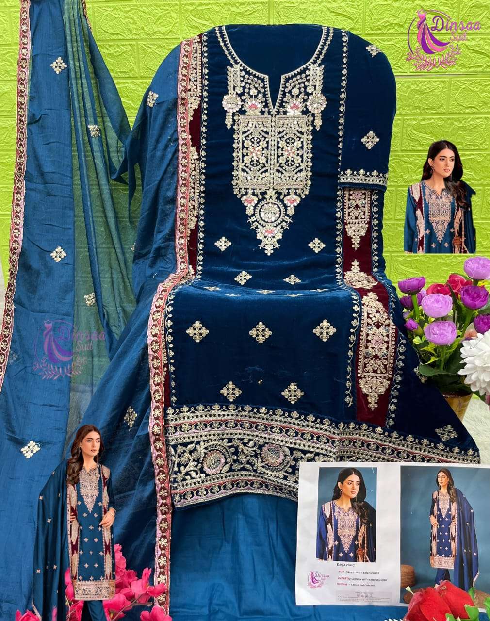 DINSAA SUIT DESIGN NO-294 A-B-C-D HIT DESIGN VELVET PAKISTANI SUIT
