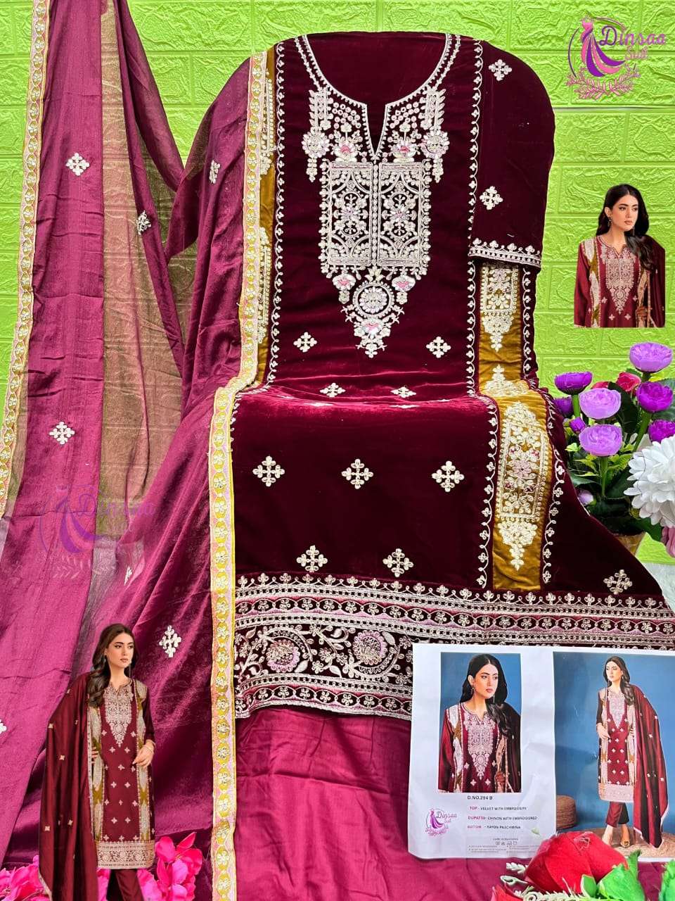 DINSAA SUIT DESIGN NO-294 A-B-C-D HIT DESIGN VELVET PAKISTANI SUIT