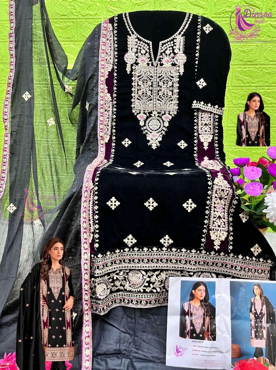 DINSAA SUIT DESIGN NO-294 A-B-C-D HIT DESIGN VELVET PAKISTANI SUIT
