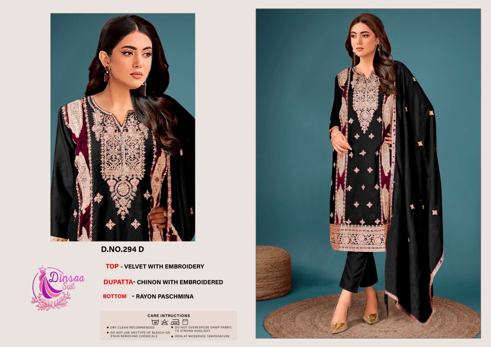 DINSAA SUIT DESIGN NO-294 A-B-C-D HIT DESIGN VELVET PAKISTANI SUIT