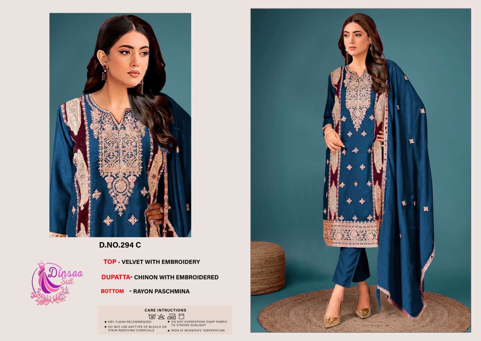 DINSAA SUIT DESIGN NO-294 A-B-C-D HIT DESIGN VELVET PAKISTANI SUIT