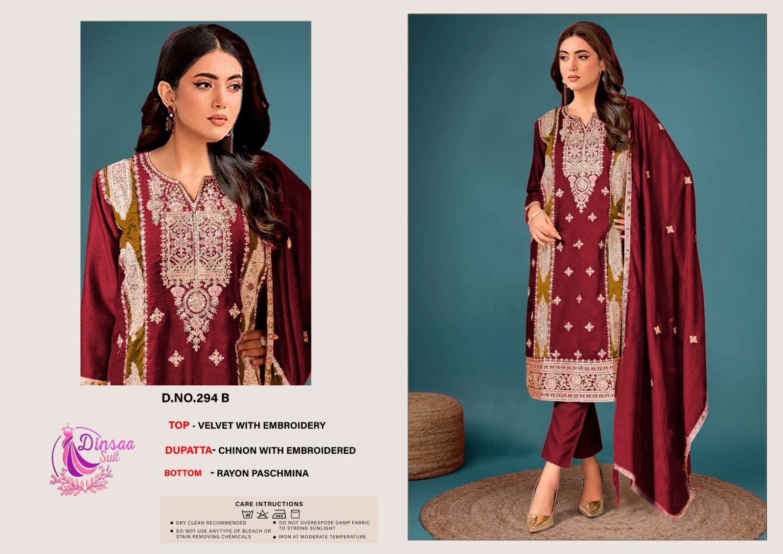 DINSAA SUIT DESIGN NO-294 A-B-C-D HIT DESIGN VELVET PAKISTANI SUIT
