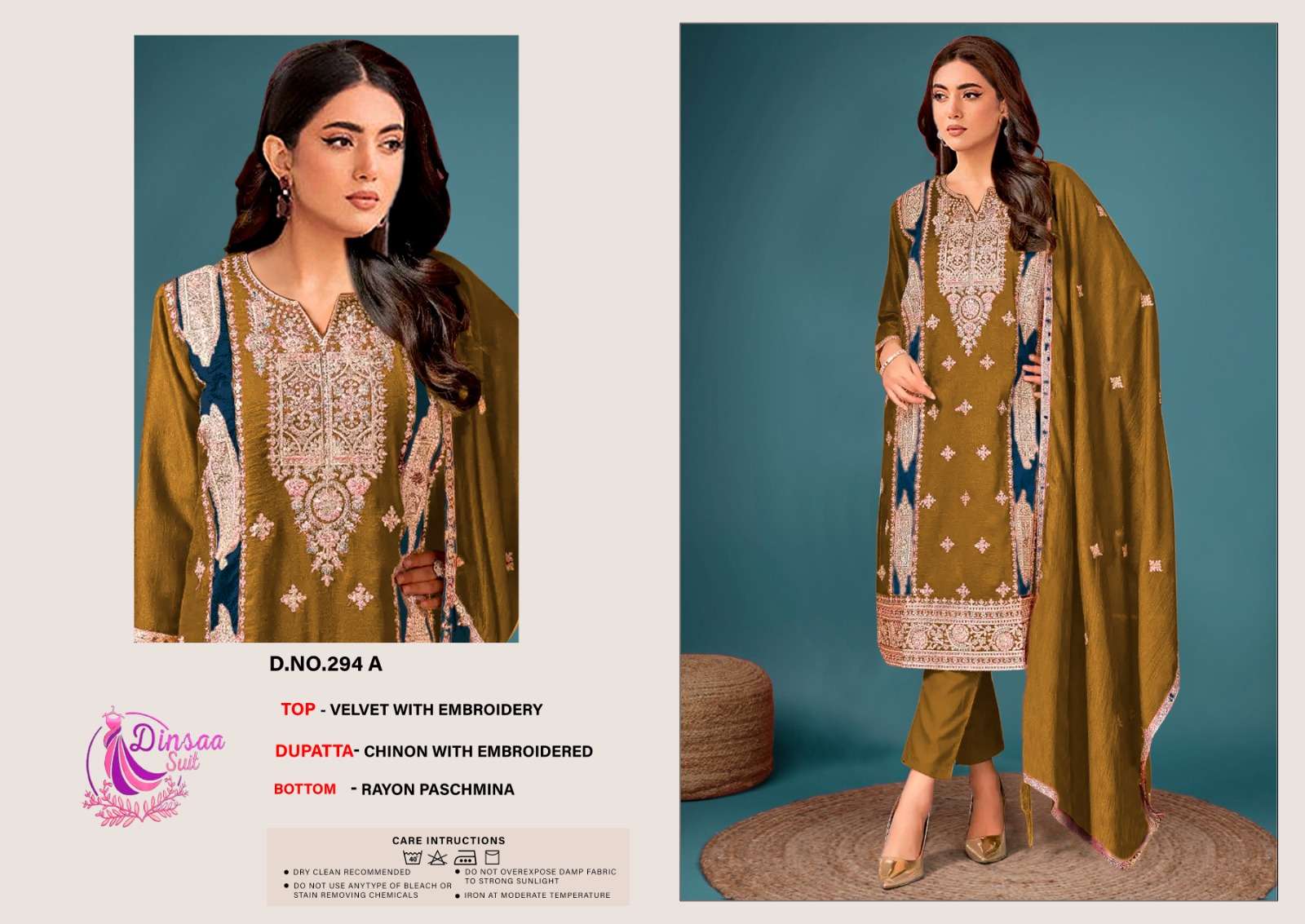 DINSAA SUIT DESIGN NO-294 A-B-C-D HIT DESIGN VELVET PAKISTANI SUIT