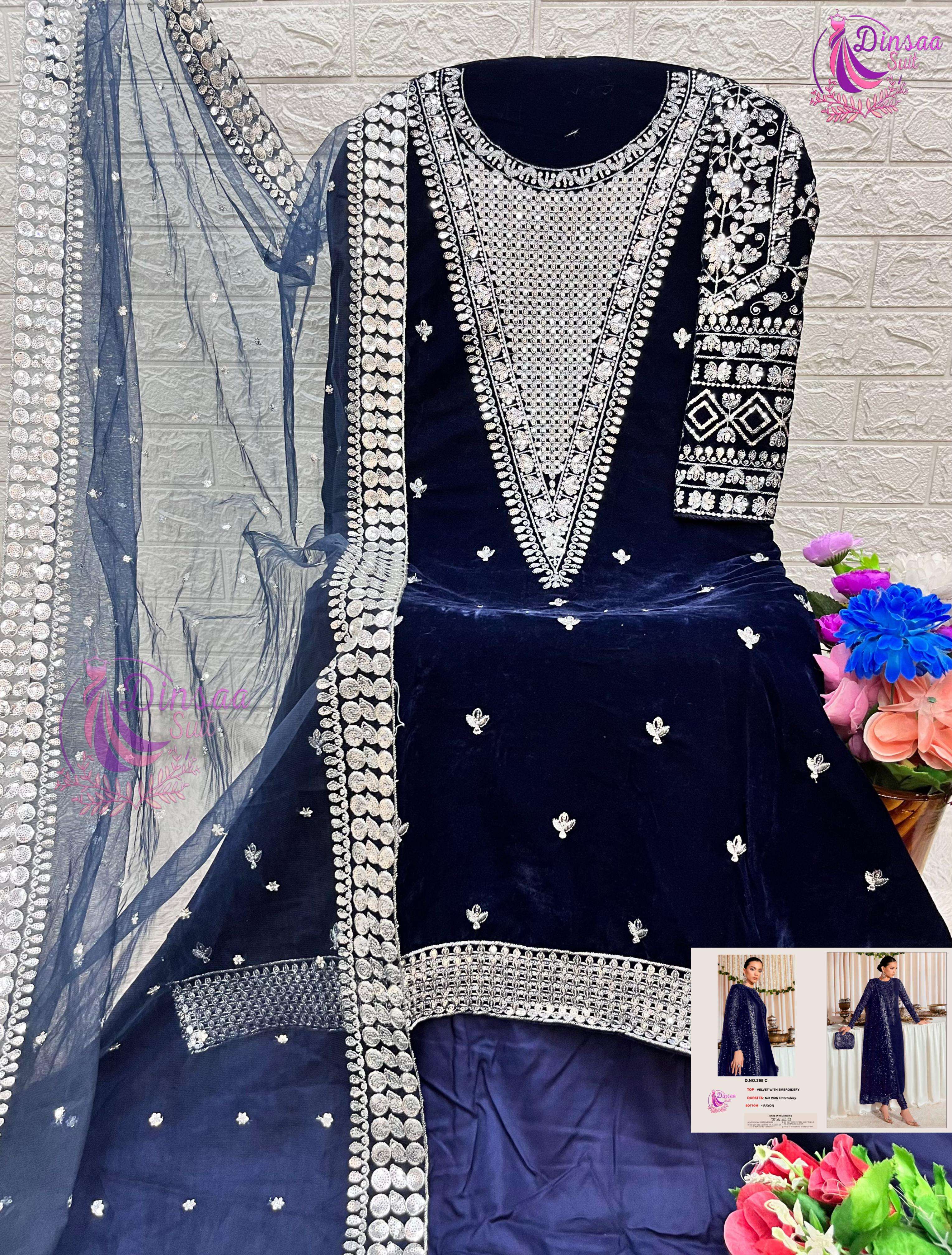 DINSAA SUIT VELVET COLLECTION DESIGN NO-295 A-B-C-D-E EMBROIDERED VELVET PAKISTANI SUIT