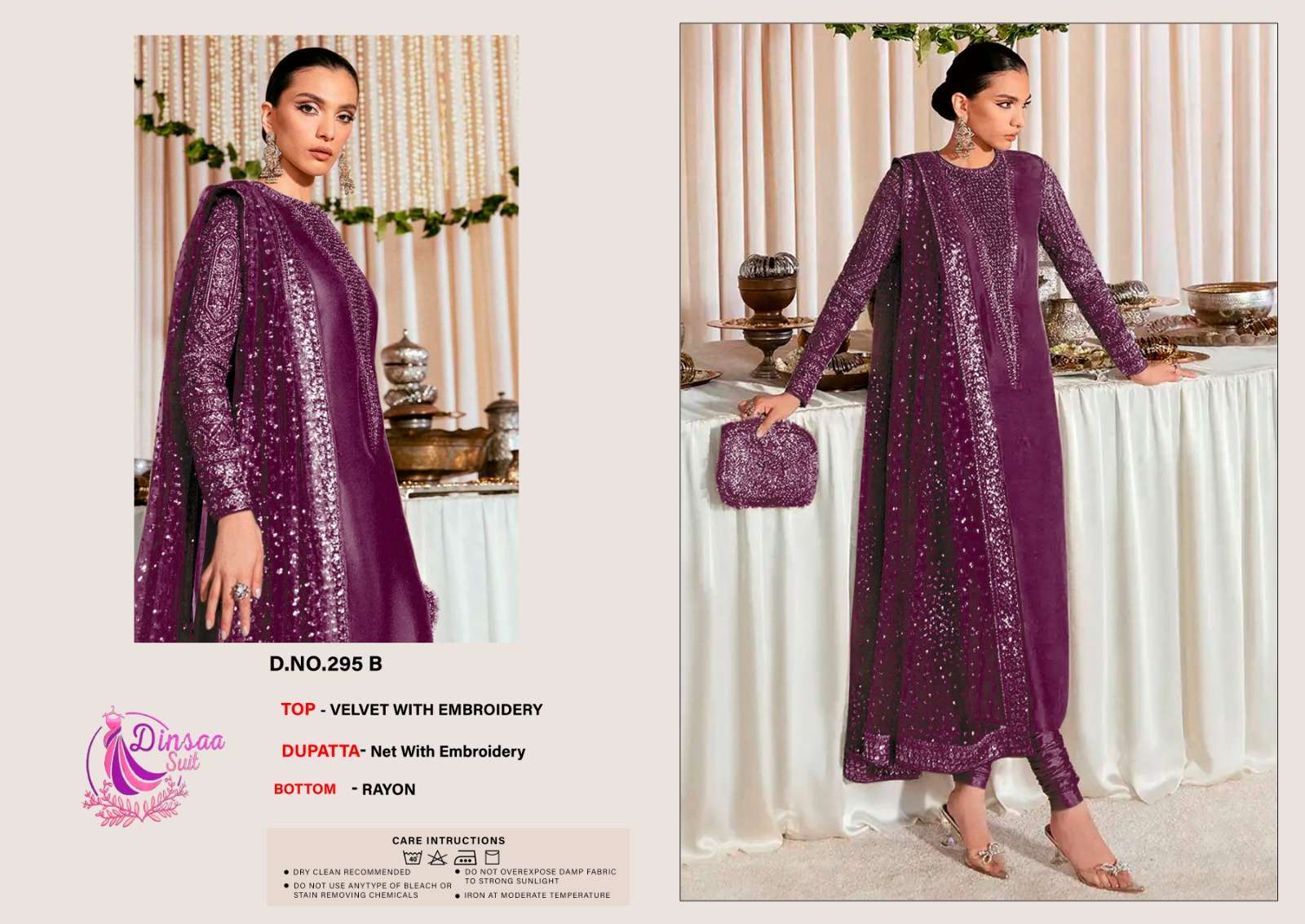 DINSAA SUIT VELVET COLLECTION DESIGN NO-295 A-B-C-D-E EMBROIDERED VELVET PAKISTANI SUIT