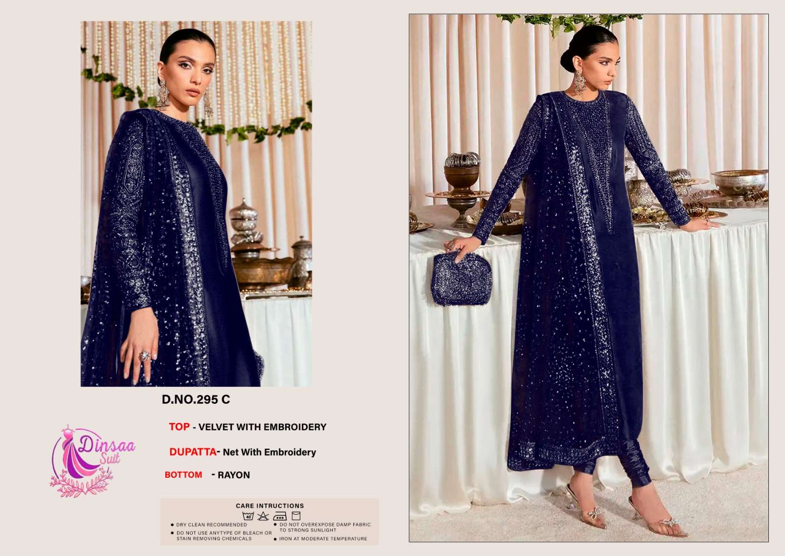 DINSAA SUIT VELVET COLLECTION DESIGN NO-295 A-B-C-D-E EMBROIDERED VELVET PAKISTANI SUIT