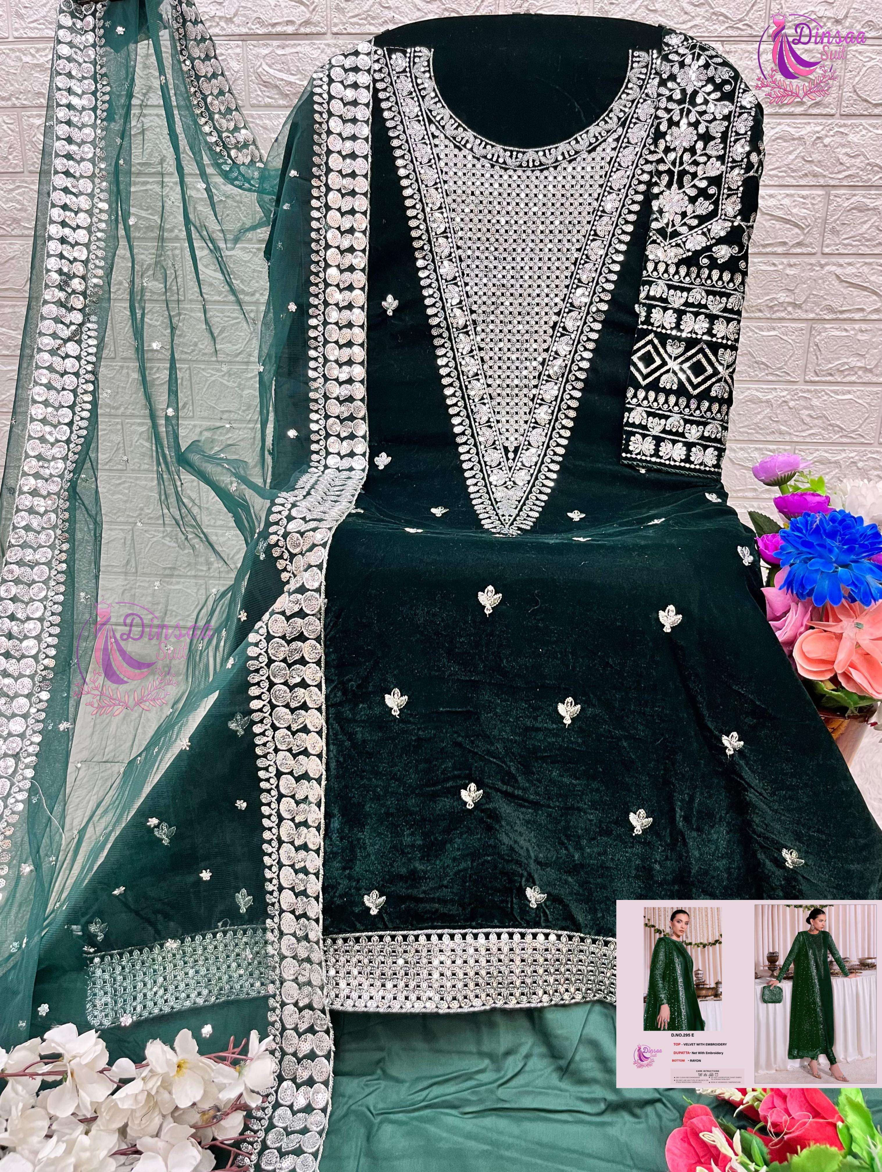 DINSAA SUIT VELVET COLLECTION DESIGN NO-295 A-B-C-D-E EMBROIDERED VELVET PAKISTANI SUIT