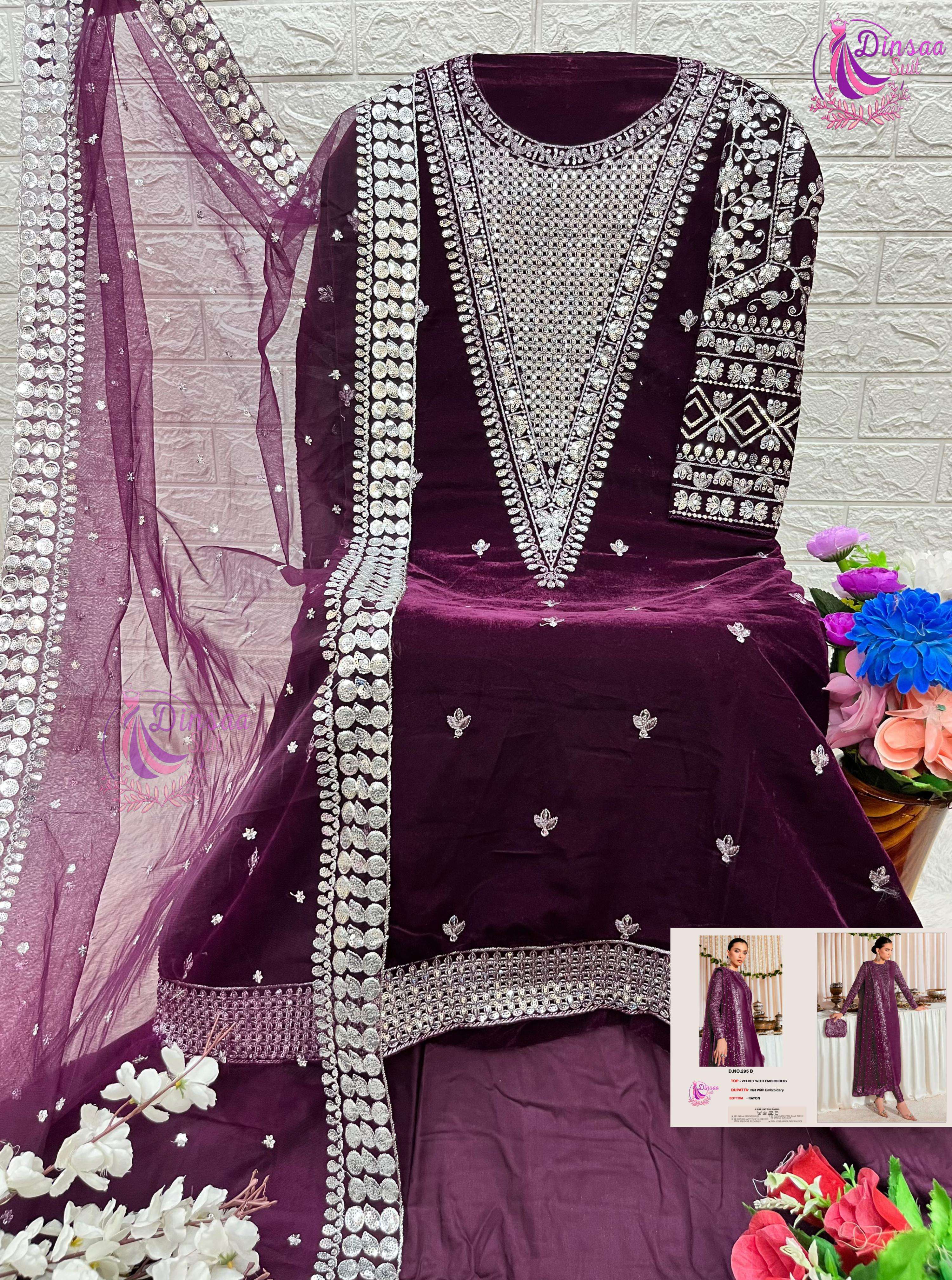 DINSAA SUIT VELVET COLLECTION DESIGN NO-295 A-B-C-D-E EMBROIDERED VELVET PAKISTANI SUIT