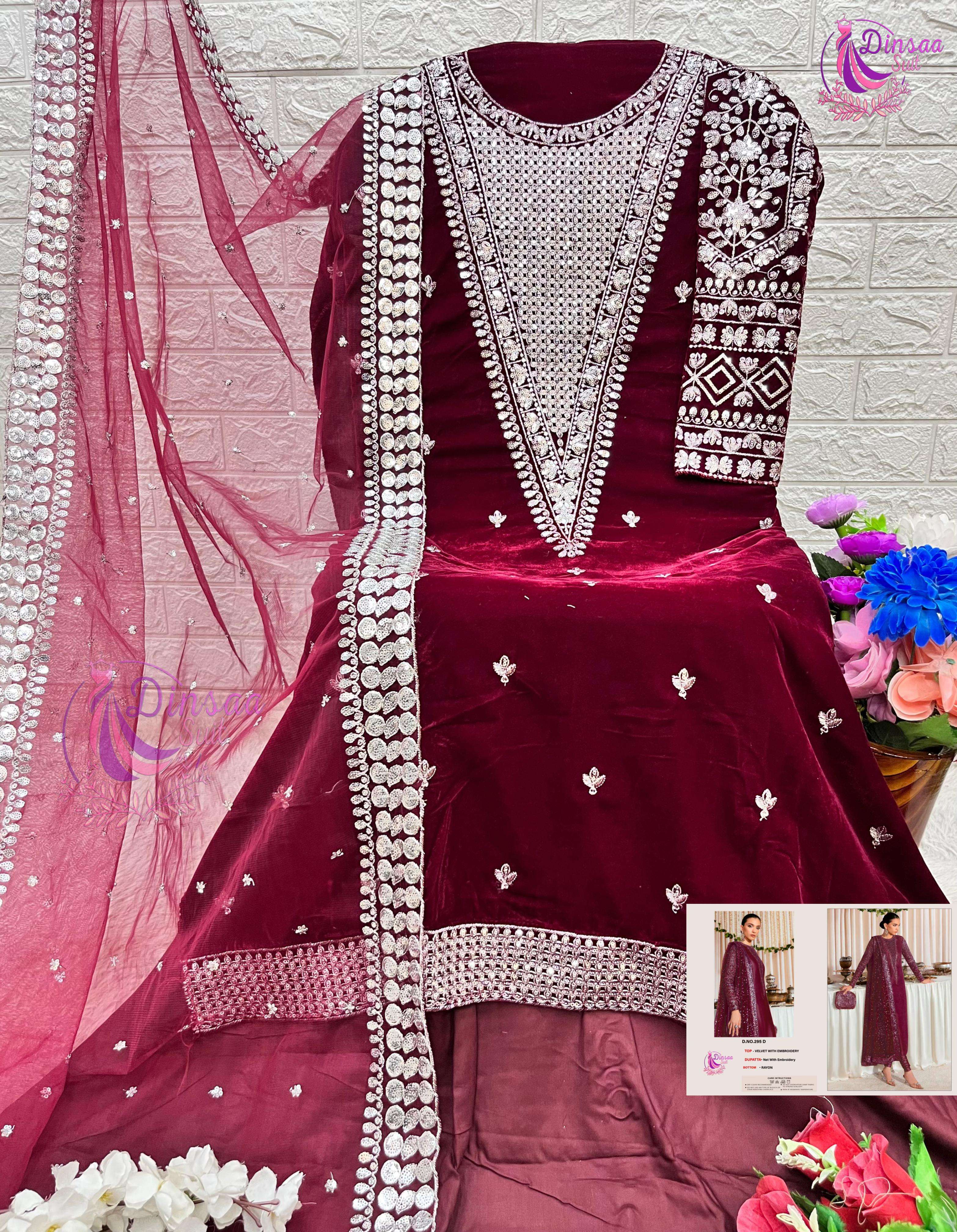 DINSAA SUIT VELVET COLLECTION DESIGN NO-295 A-B-C-D-E EMBROIDERED VELVET PAKISTANI SUIT