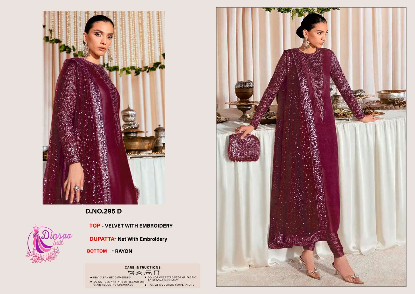 DINSAA SUIT VELVET COLLECTION DESIGN NO-295 A-B-C-D-E EMBROIDERED VELVET PAKISTANI SUIT