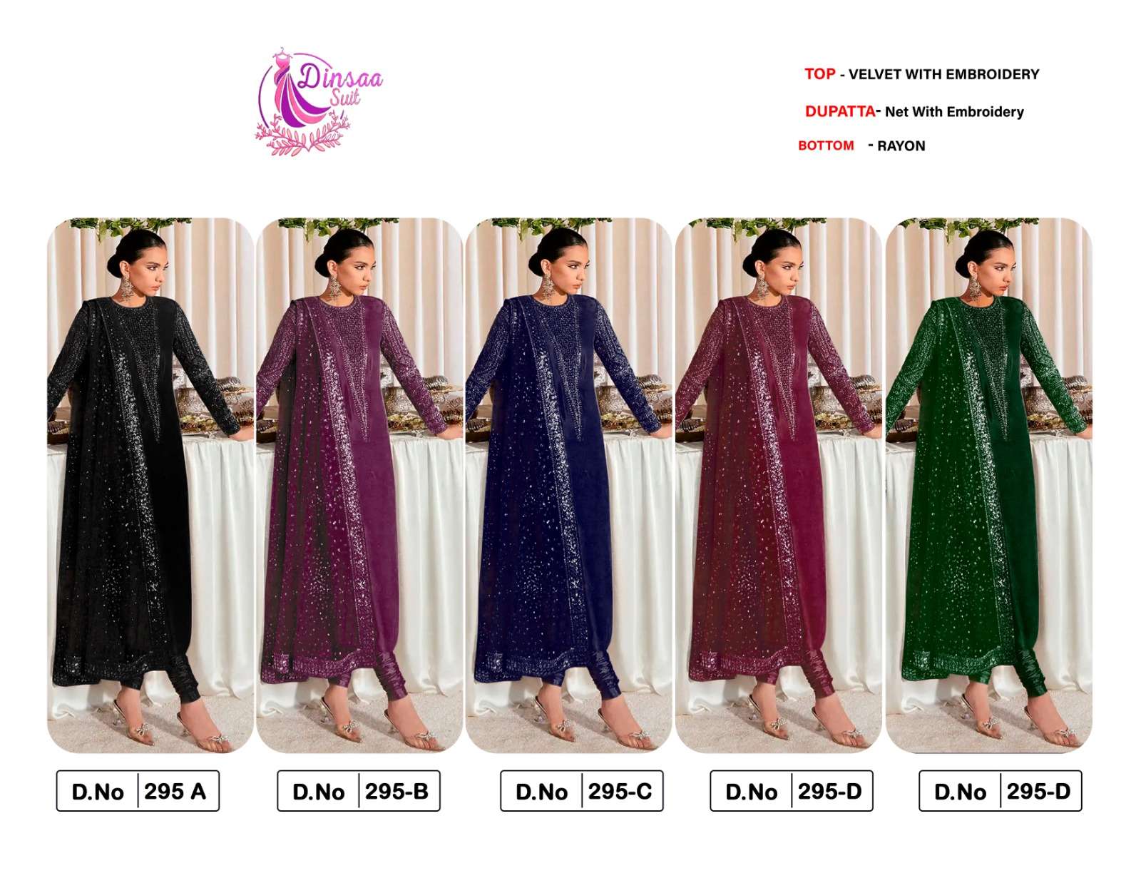 DINSAA SUIT VELVET COLLECTION DESIGN NO-295 A-B-C-D-E EMBROIDERED VELVET PAKISTANI SUIT