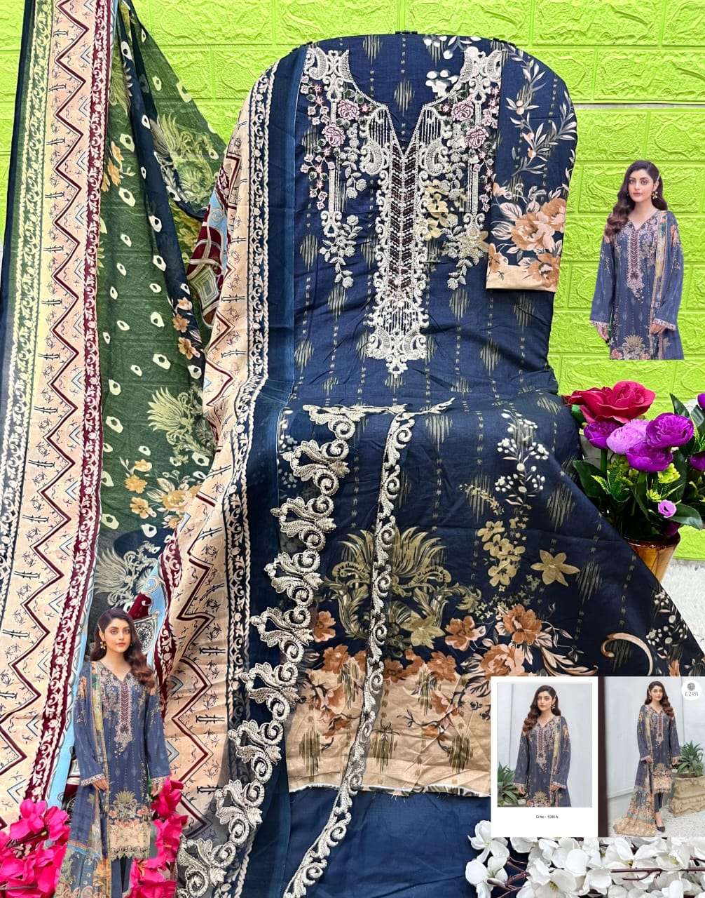 EZRA HIT DESIGN 1008 COTTON PATCH EMBROIDERY WORK SUIT