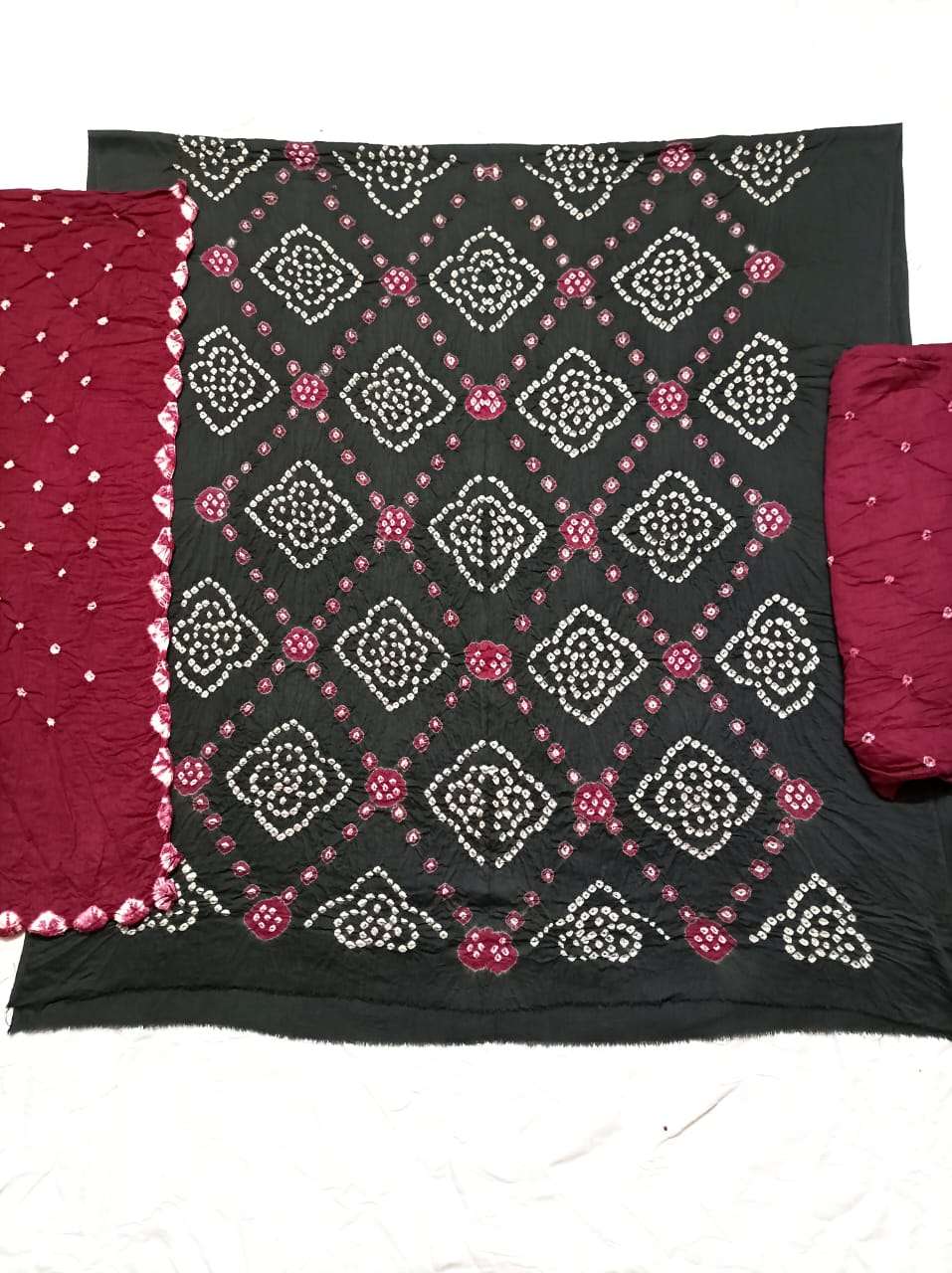 MF SATIN DARK MULTI GULTI BANDHEJ  SUIT COLLECTION