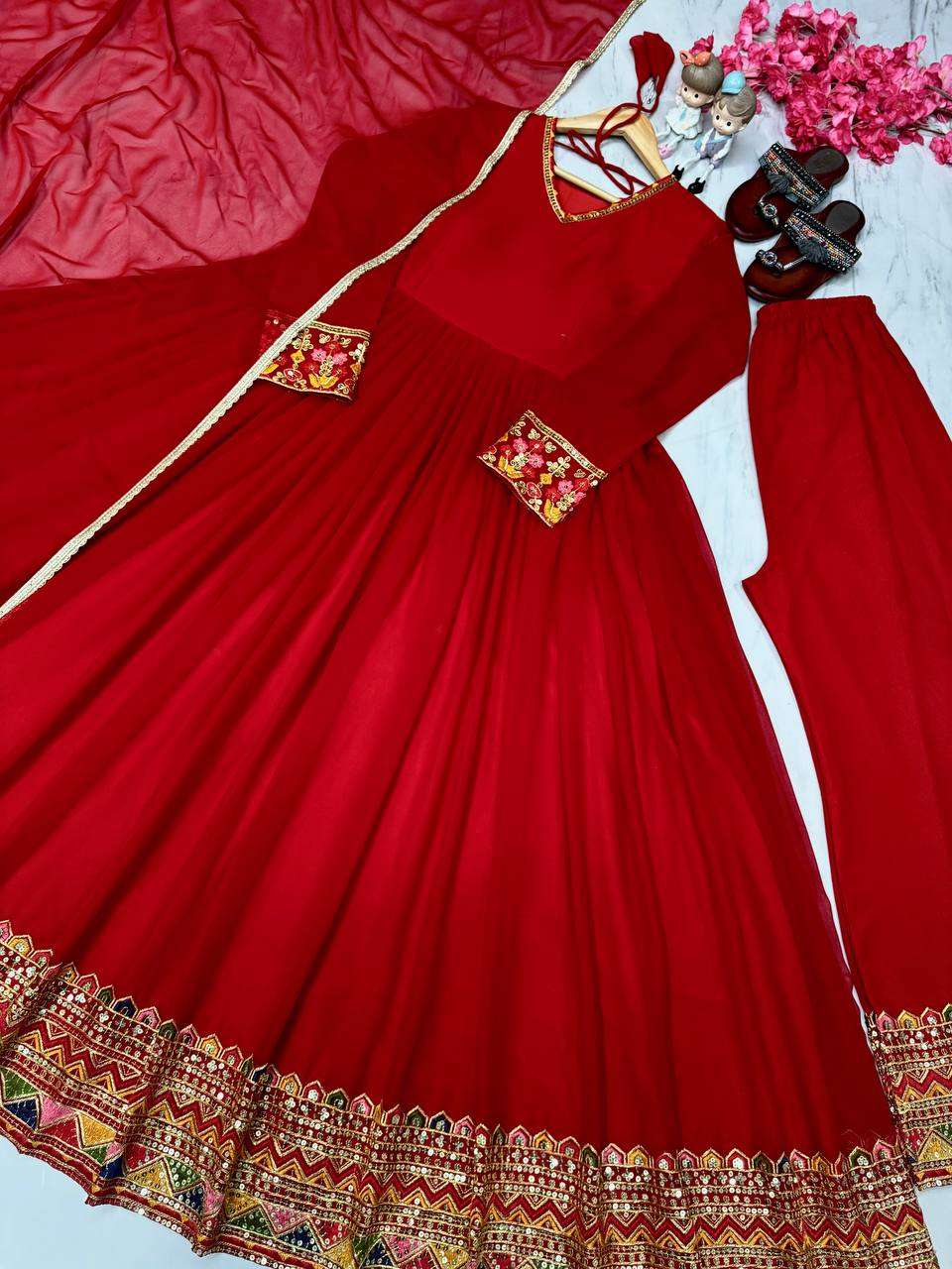 PD 1069 ROSE RED ANARKALI GOWN WITH PLAZZO AND DUPATTA SET