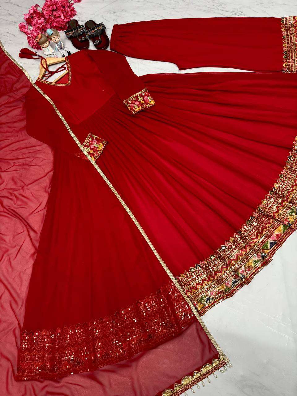 PD 1069 ROSE RED ANARKALI GOWN WITH PLAZZO AND DUPATTA SET
