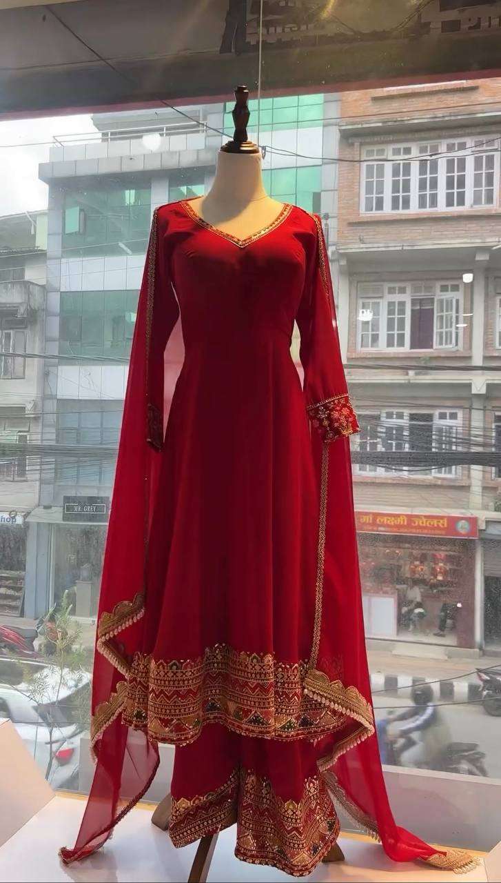 PD 1069 ROSE RED ANARKALI GOWN WITH PLAZZO AND DUPATTA SET