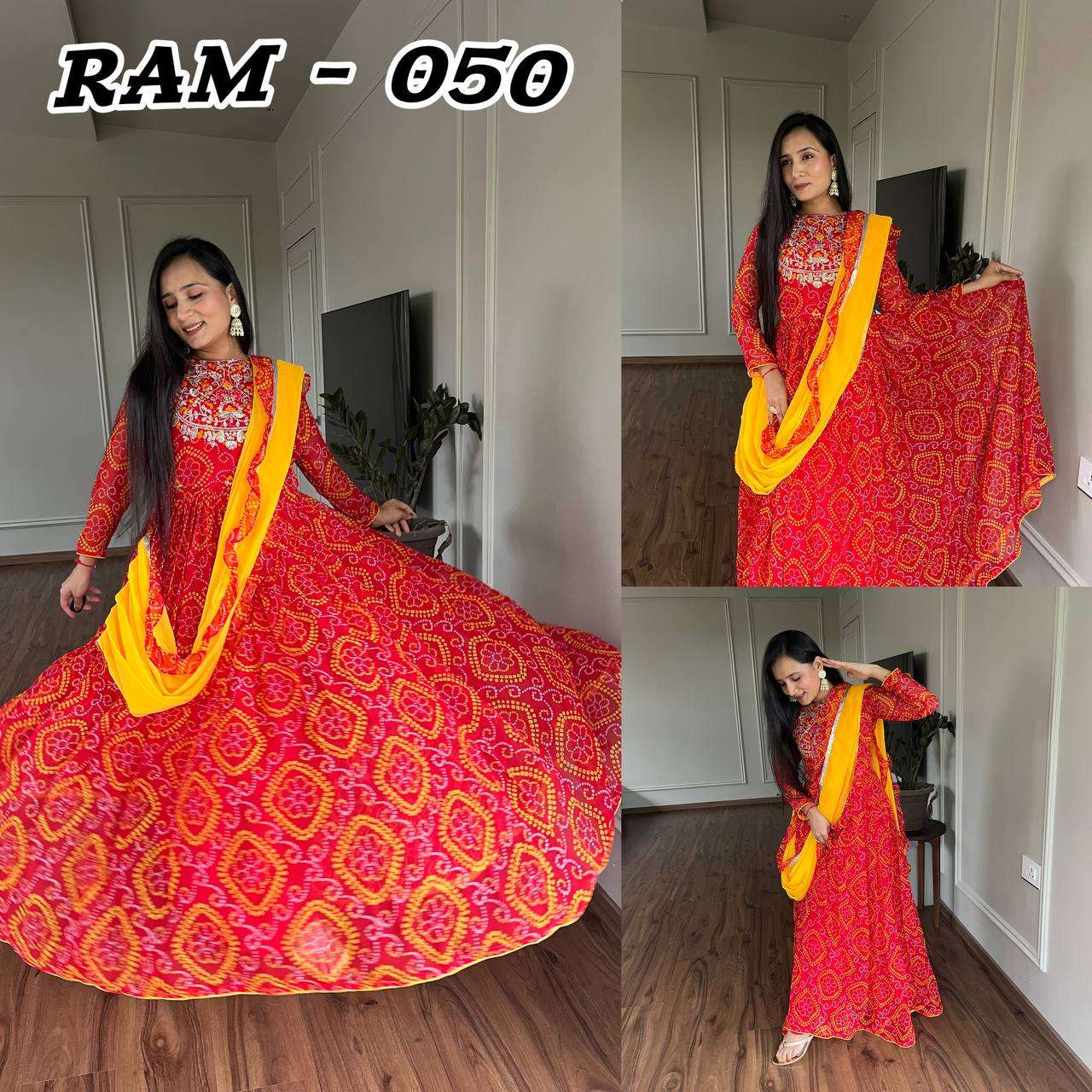 RAN 050 BANDHANI PRINT DESIGNER GOWN WITH DUPATTA 