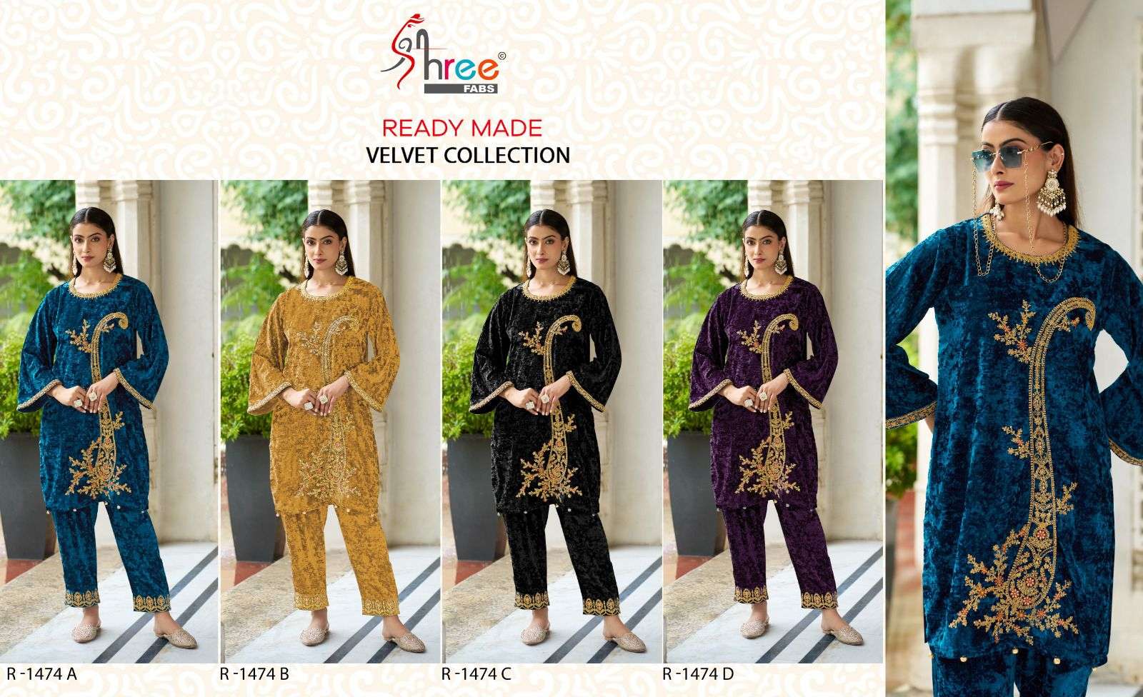 SHREE FABS R 1474 VELVET EMBROIDERY DESIGNER KURTI WITH BOTTOM SET 
