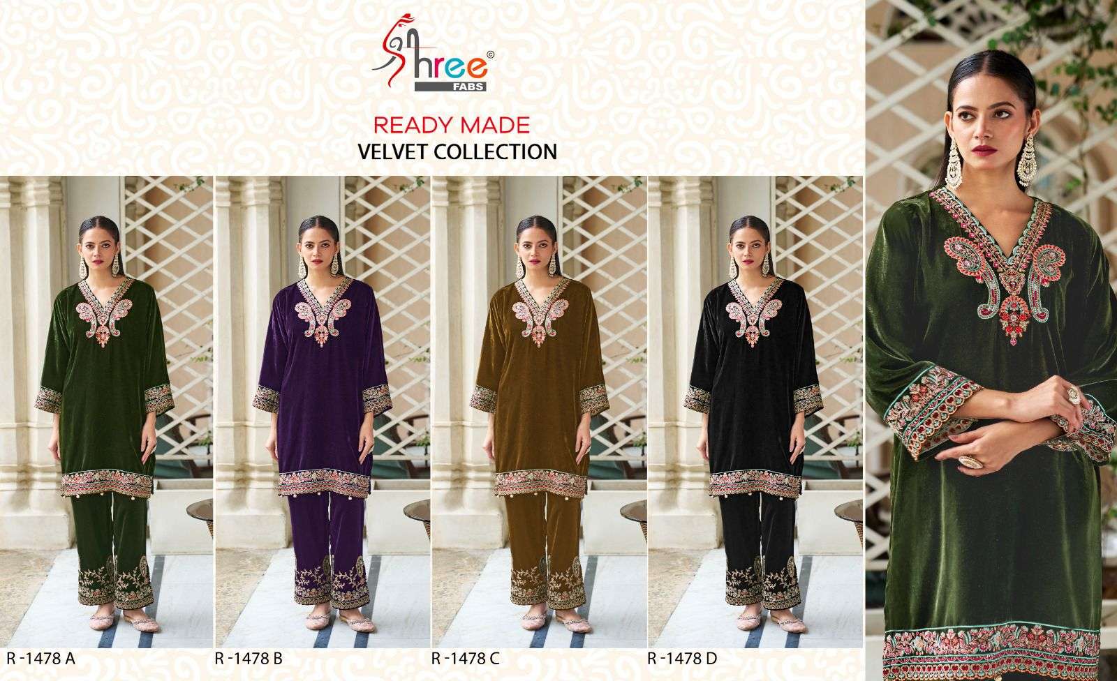 SHREE FABS R  1478  VELVET EMBROIDERED KURTI WITH BOTTOM 