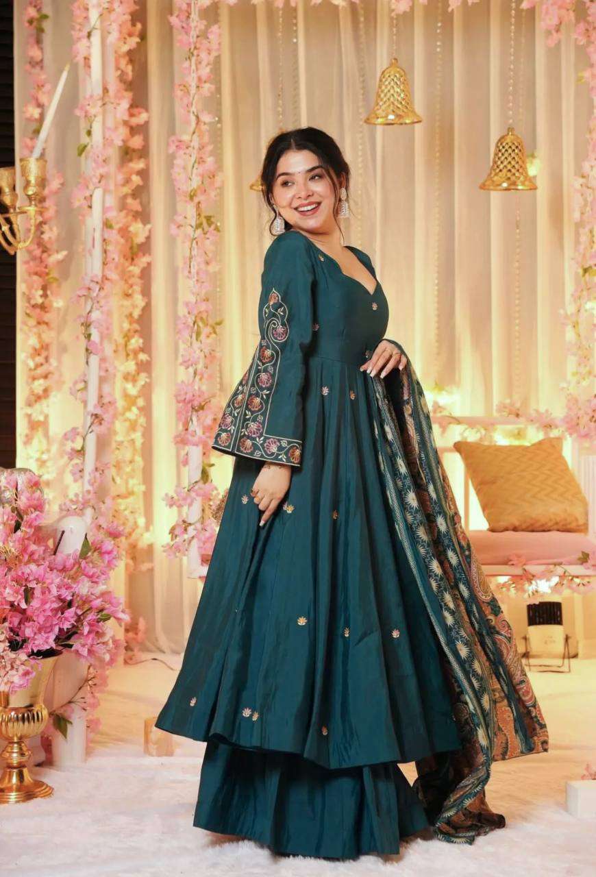 SRK 5205 FANCY EMBROIDERY WORK GOWN WITH PLAZZO AND DUPATTA 