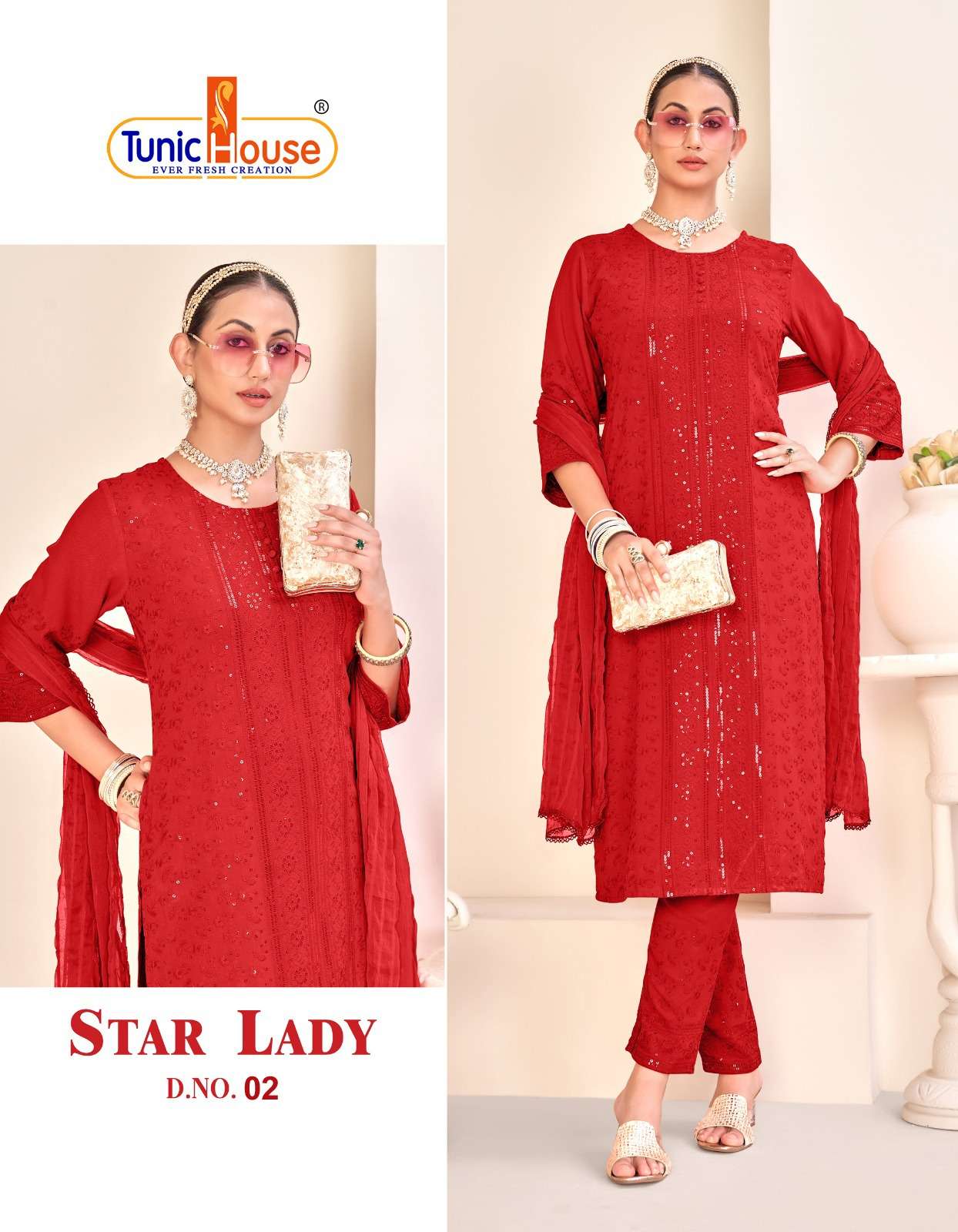 TUNIC HOUSE STAR LADY CHIKANKARI RAYON KURTI COMBO SET 