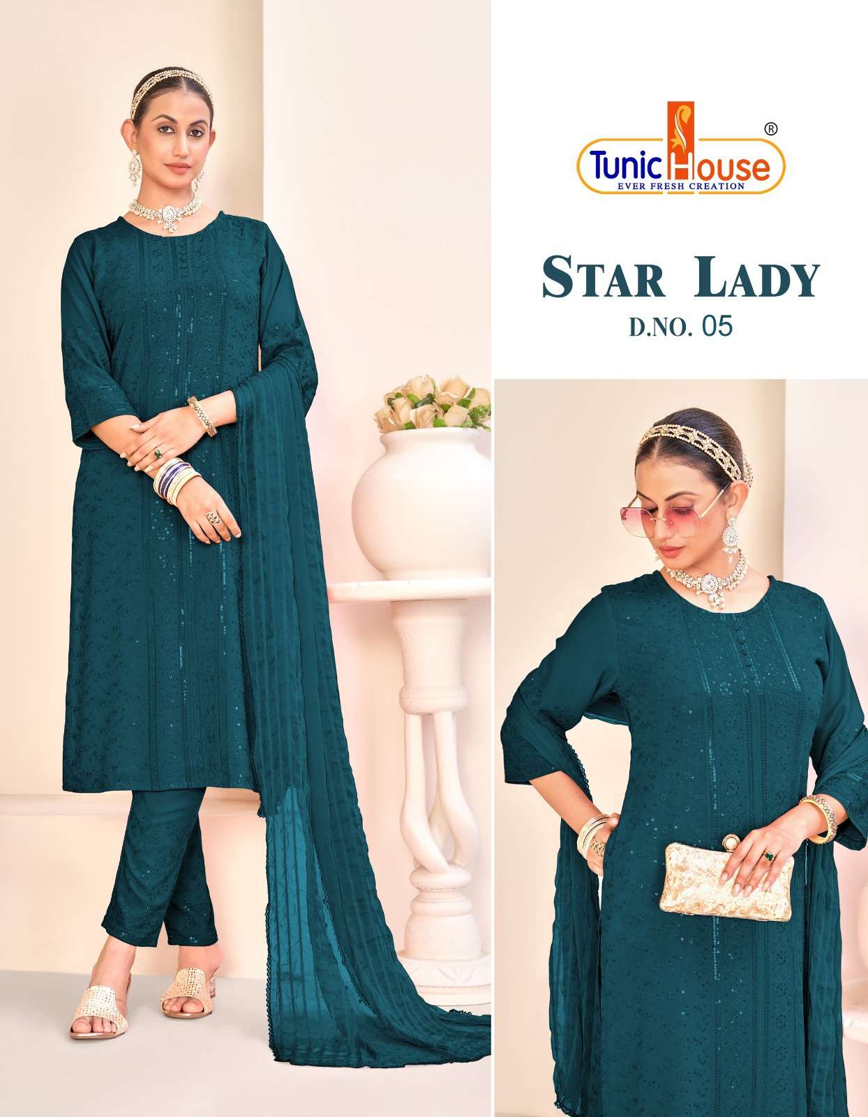 TUNIC HOUSE STAR LADY CHIKANKARI RAYON KURTI COMBO SET 