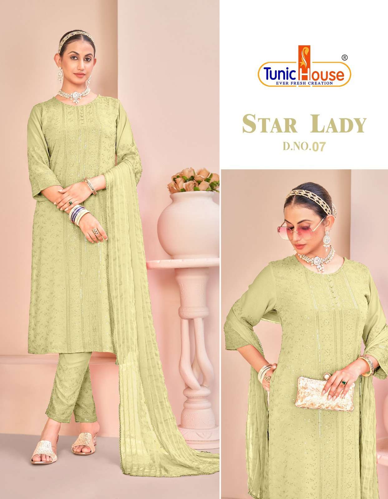 TUNIC HOUSE STAR LADY CHIKANKARI RAYON KURTI COMBO SET 
