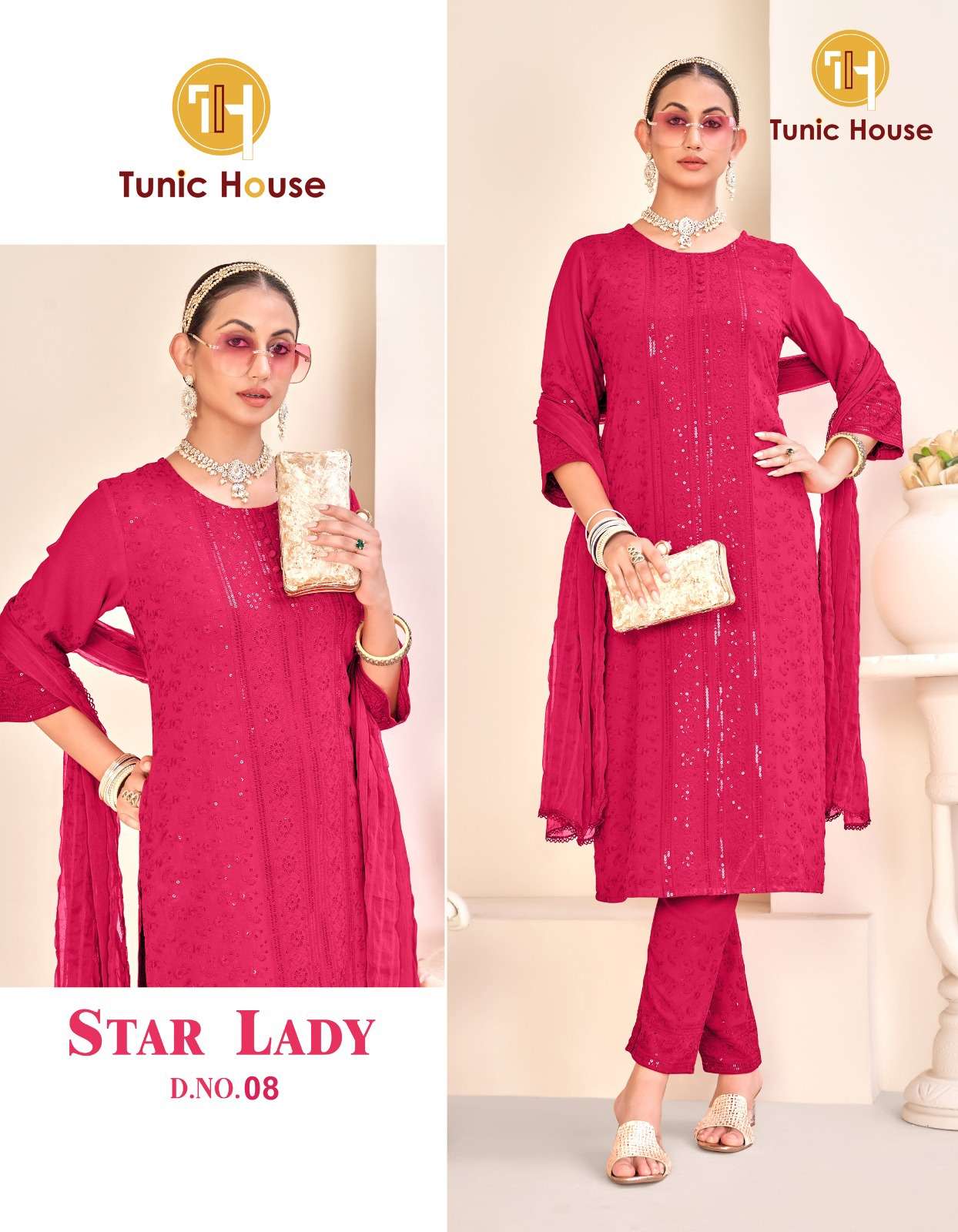 TUNIC HOUSE STAR LADY CHIKANKARI RAYON KURTI COMBO SET 