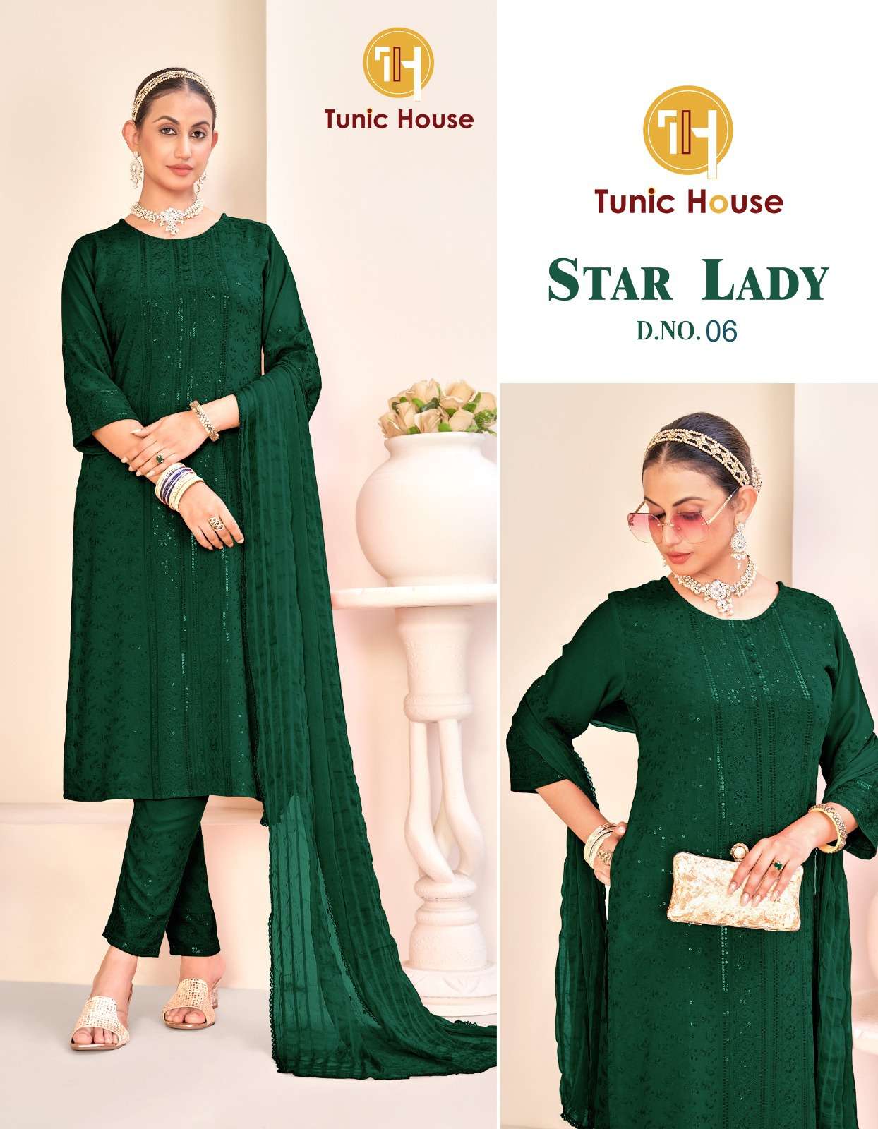 TUNIC HOUSE STAR LADY CHIKANKARI RAYON KURTI COMBO SET 