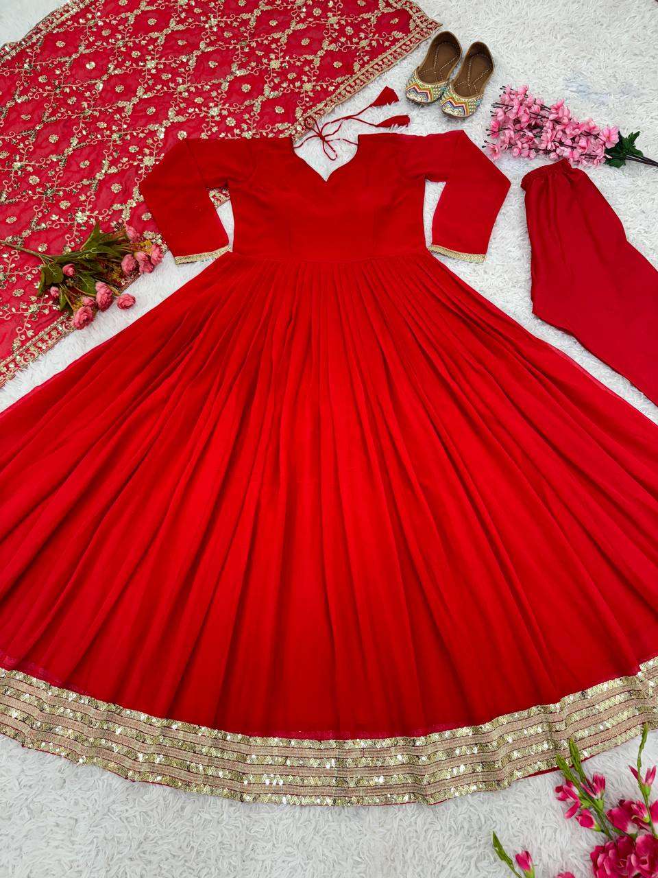 ZF 392 RED GEORGETTE FANCY GOWN SUIT
