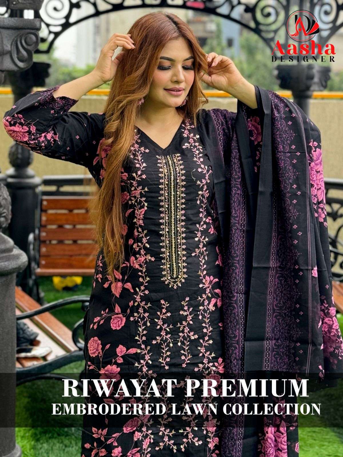 AASHA DESIGNER  DESIGN NO -1101-1102-1103 RIWAYAT PREMIUM EMBROIDERD LAWN COLLECTION 