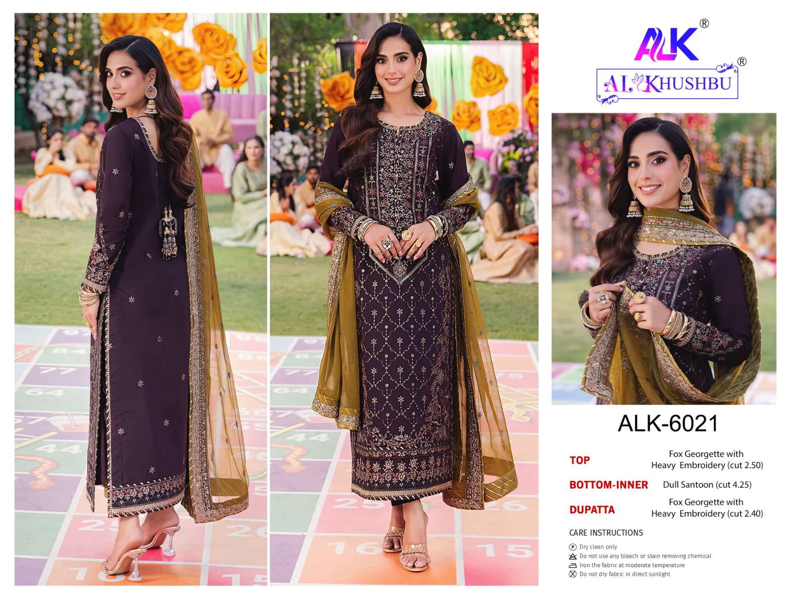 AL KHUSHBU DESIGN NO - 6021-22-23 GEORGETTE HEAVY EMBROIDERED PAKISTANI SUIT