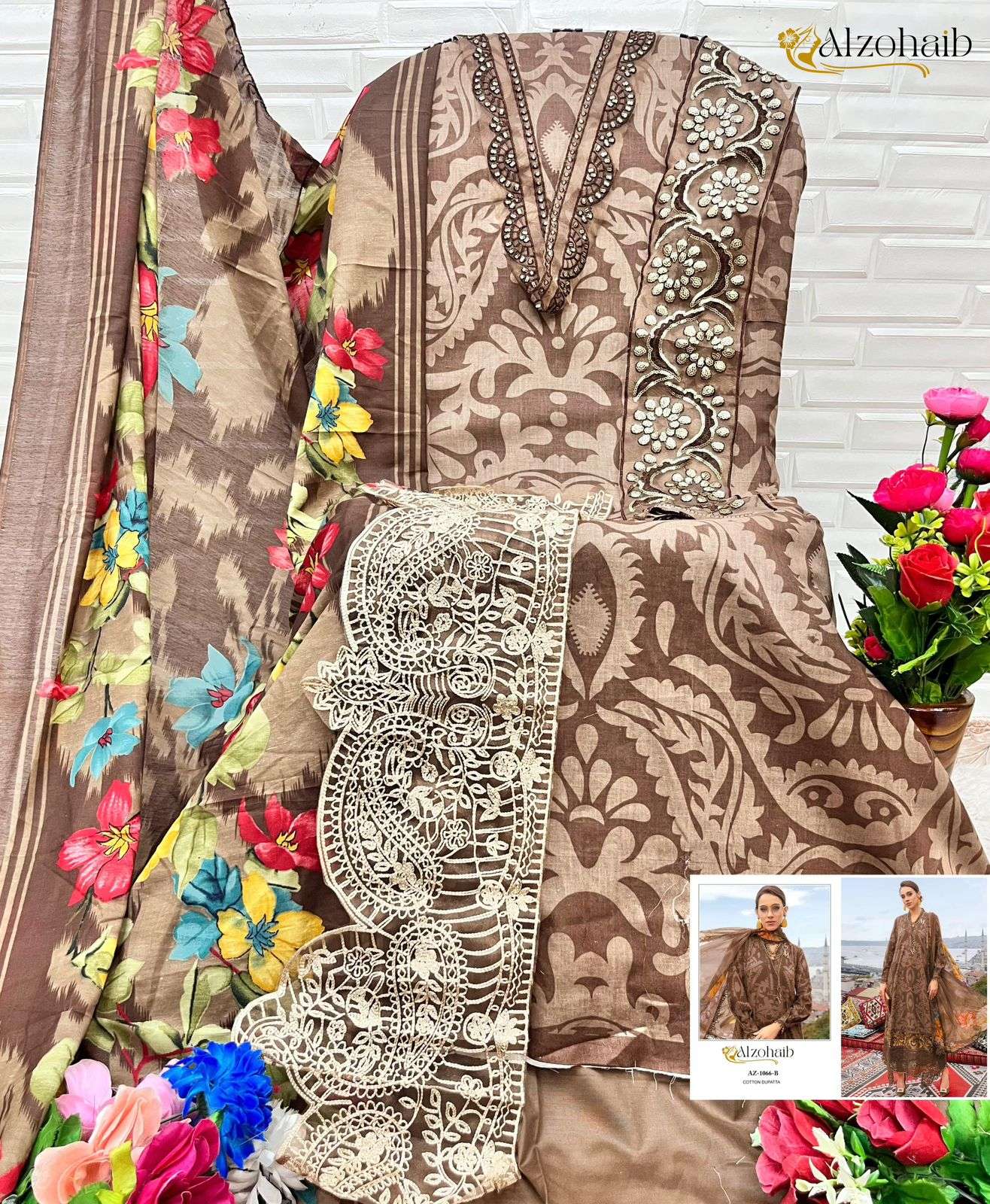 AL ZOHAIB DESIGN NO - 1066 CDEF PURE COTTON PRINT EMBROIDERED PAKISTANI SUIT