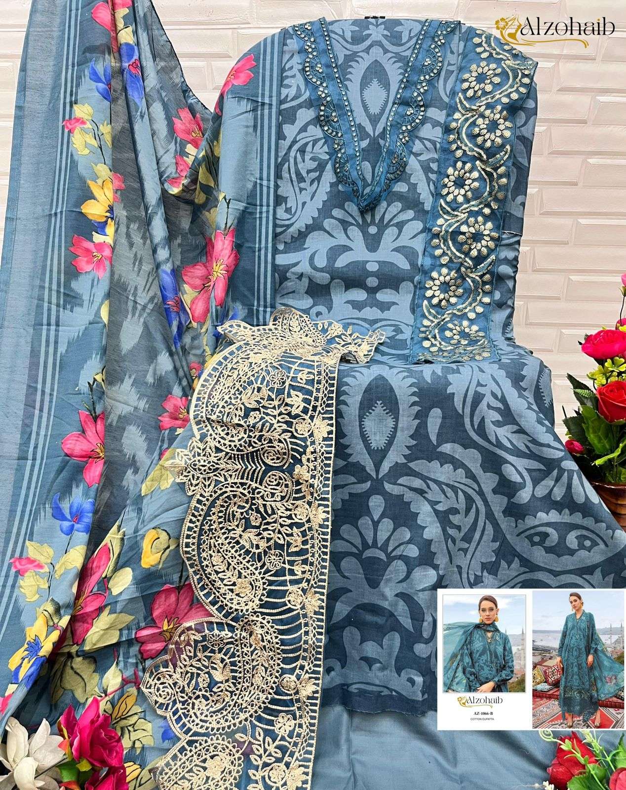 AL ZOHAIB DESIGN NO - 1066 CDEF PURE COTTON PRINT EMBROIDERED PAKISTANI SUIT
