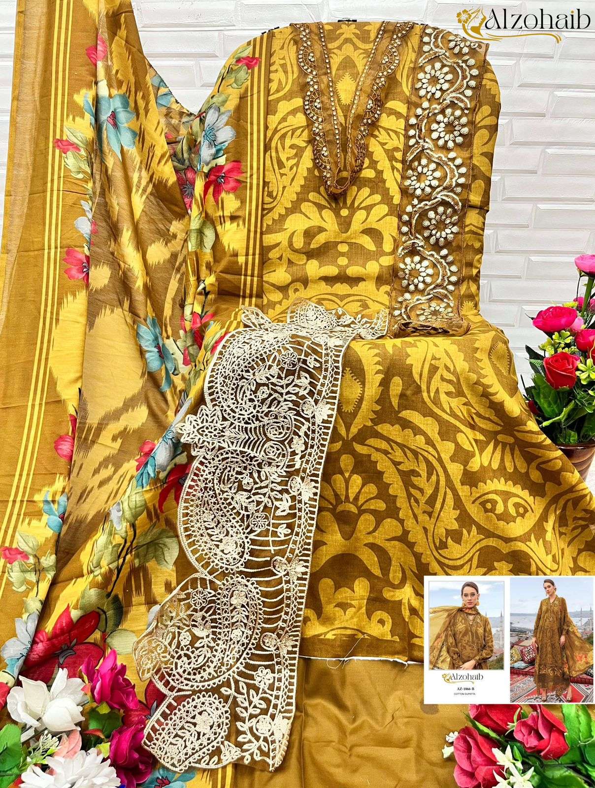 AL ZOHAIB DESIGN NO - 1066 CDEF PURE COTTON PRINT EMBROIDERED PAKISTANI SUIT