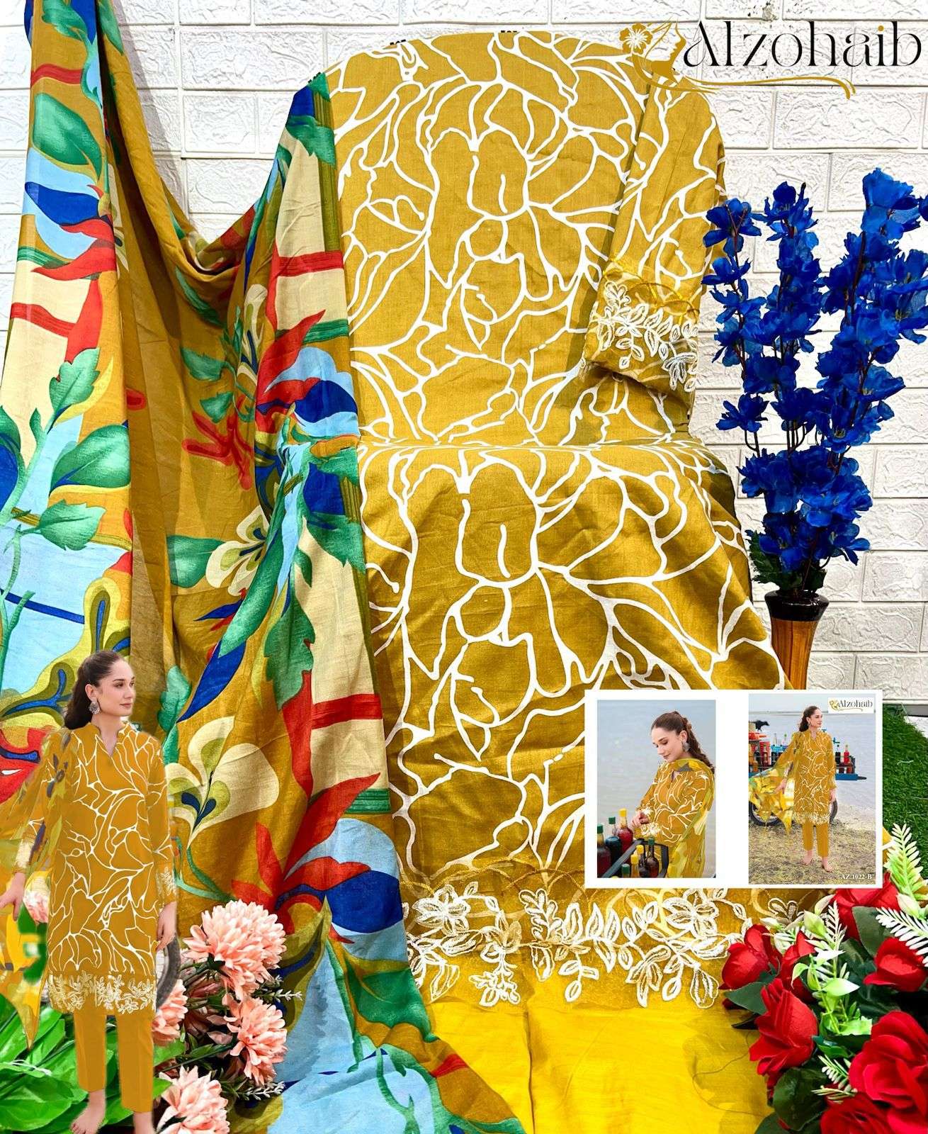 AL ZOHAIB M BASIC DESIGN NO - 1022 PURE COTTON PRINT EMBROIDERED PAKISTANI SUIT