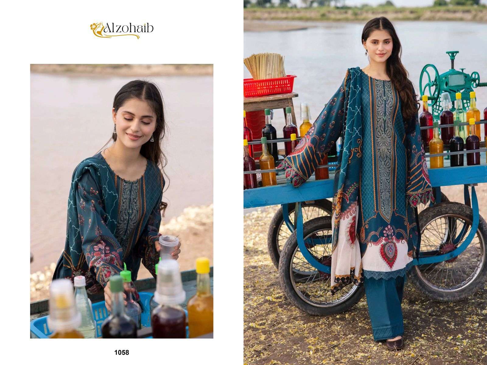 AL ZOHAIB M BASIC V-4 DESIGN NO - 1058 - 1059 PURE COTTON PRINT EMBROIDERED PAKISTANI SUIT