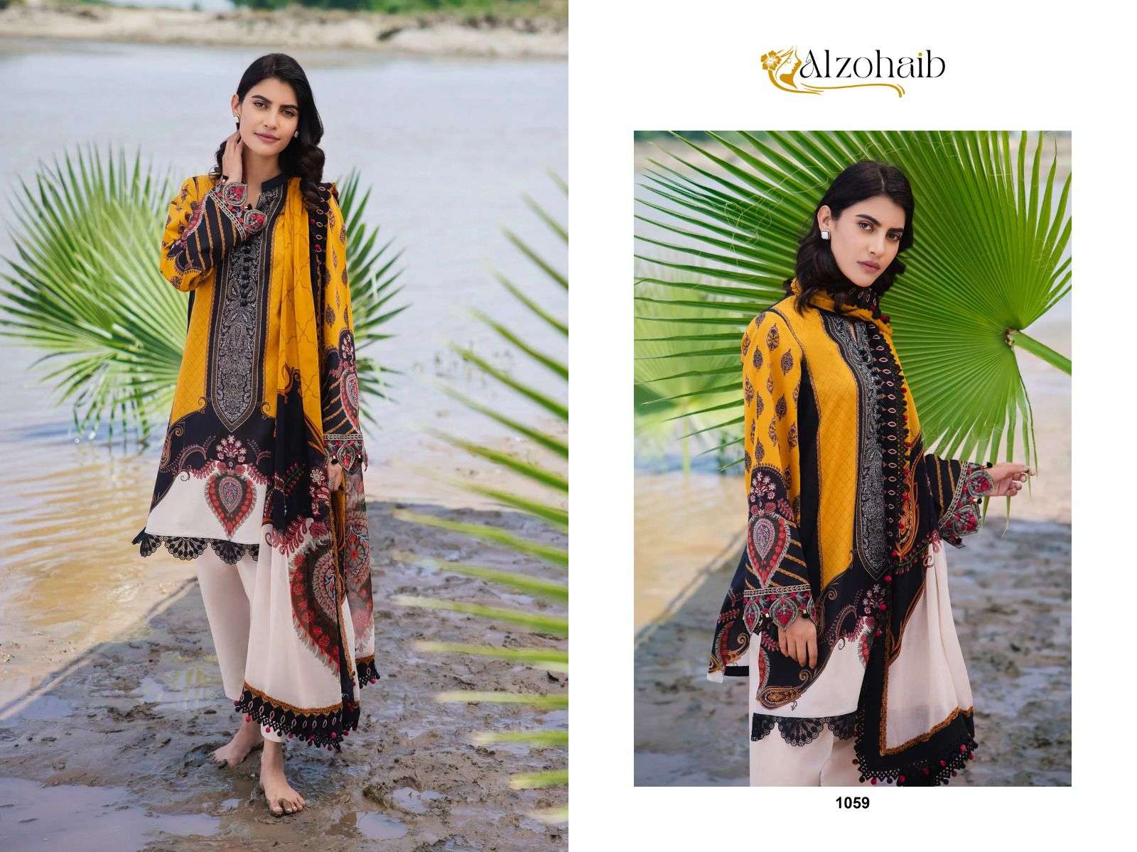 AL ZOHAIB M BASIC V-4 DESIGN NO - 1058 - 1059 PURE COTTON PRINT EMBROIDERED PAKISTANI SUIT
