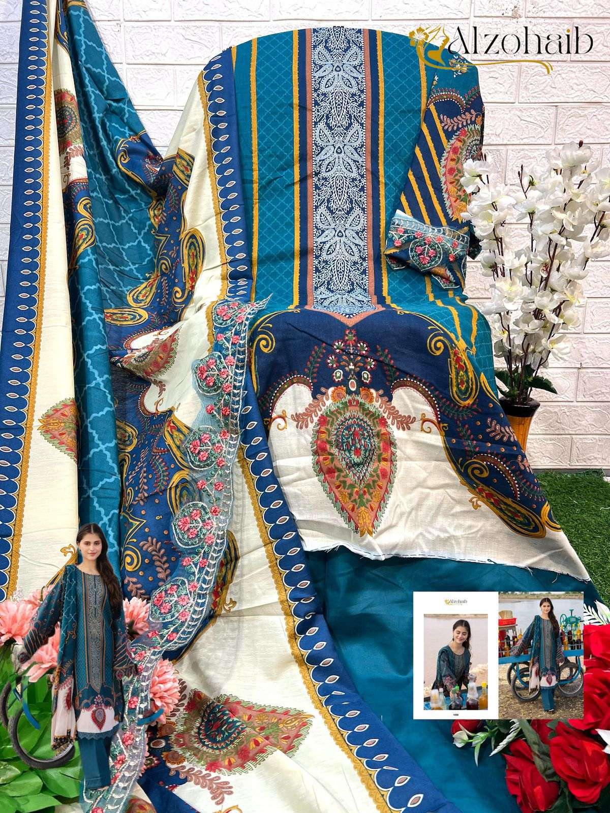 AL ZOHAIB M BASIC V-4 DESIGN NO - 1058 - 1059 PURE COTTON PRINT EMBROIDERED PAKISTANI SUIT