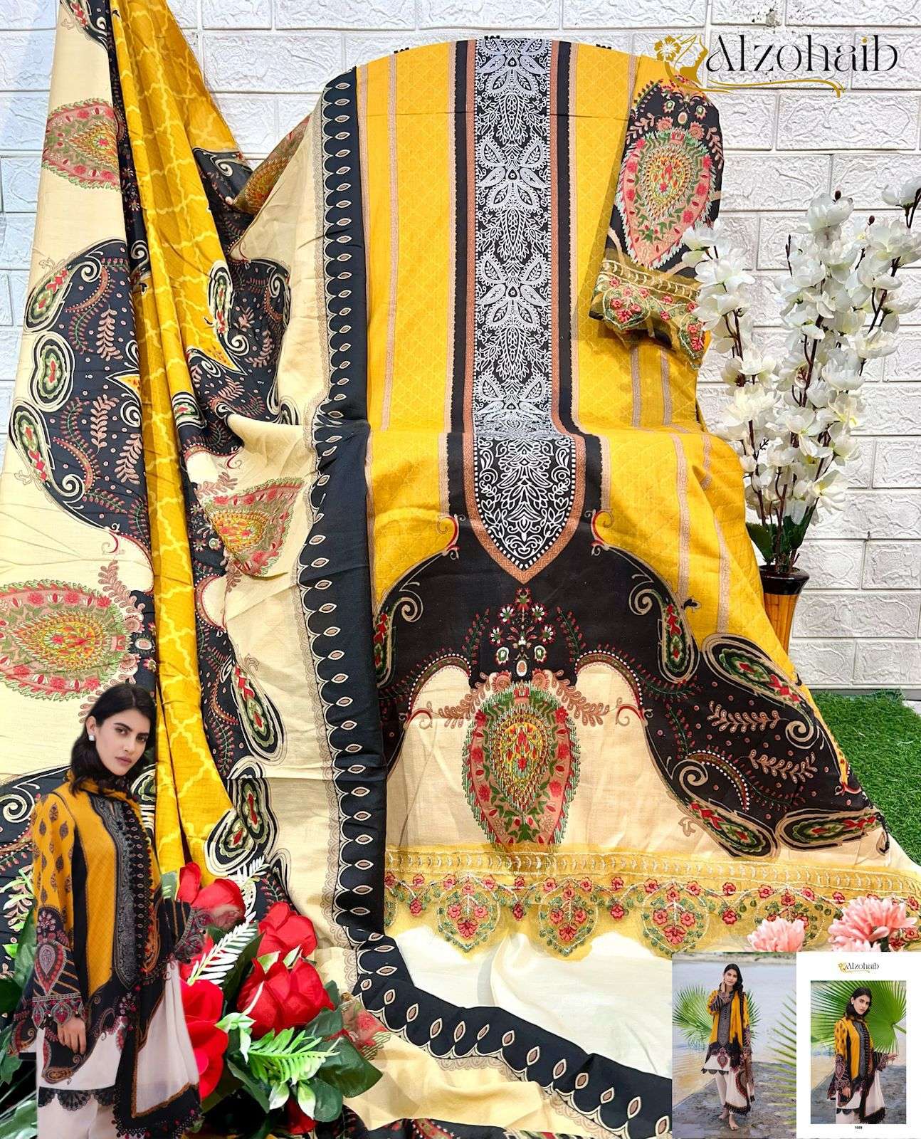 AL ZOHAIB M BASIC V-4 DESIGN NO - 1058 - 1059 PURE COTTON PRINT EMBROIDERED PAKISTANI SUIT