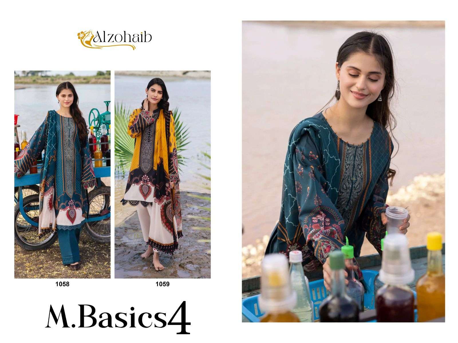 AL ZOHAIB M BASIC V-4 DESIGN NO - 1058 - 1059 PURE COTTON PRINT EMBROIDERED PAKISTANI SUIT