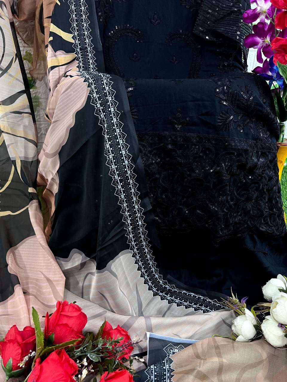 DINSAA SUIT DESIGN NO - 227 SUPER HIT BLACK HEAVY SELF EMBROIDERY PARTY WEAR SUIT