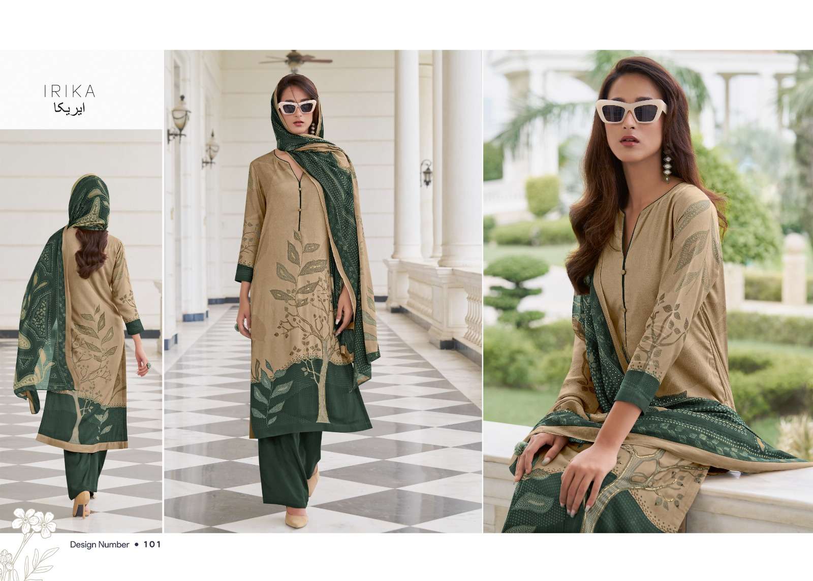 IRIKA OLIVE PASHMINA DIGITAL PRINT WITH HAND WORK DESIGNER SUIT