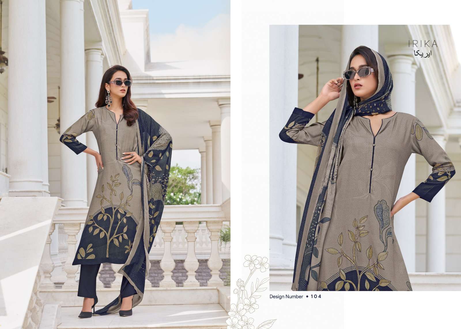 IRIKA OLIVE PASHMINA DIGITAL PRINT WITH HAND WORK DESIGNER SUIT