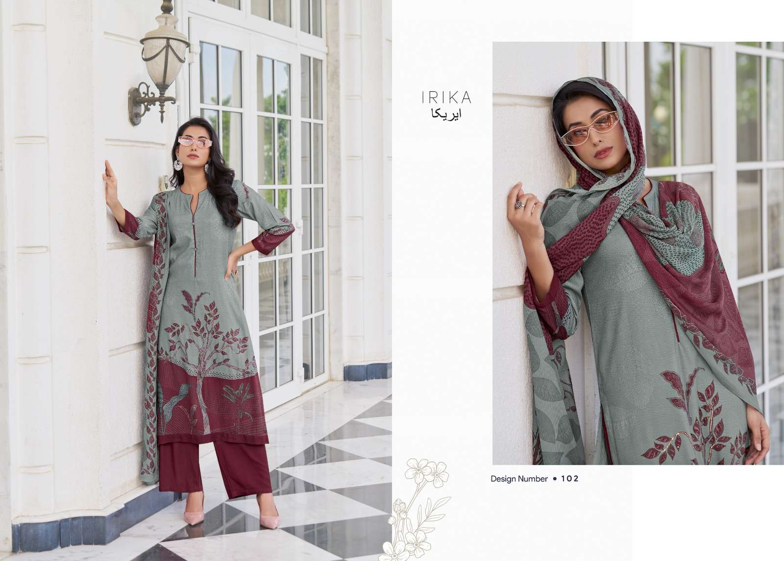 IRIKA OLIVE PASHMINA DIGITAL PRINT WITH HAND WORK DESIGNER SUIT