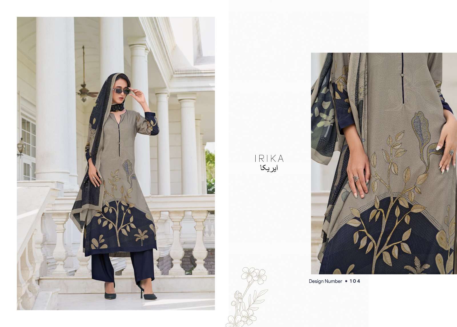IRIKA OLIVE PASHMINA DIGITAL PRINT WITH HAND WORK DESIGNER SUIT
