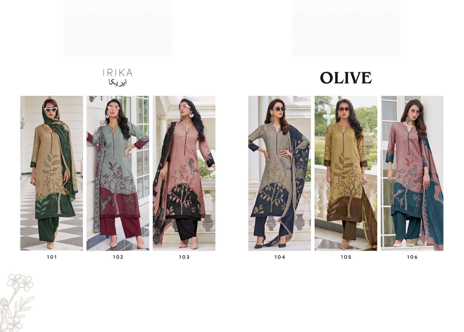 IRIKA OLIVE PASHMINA DIGITAL PRINT WITH HAND WORK DESIGNER SUIT