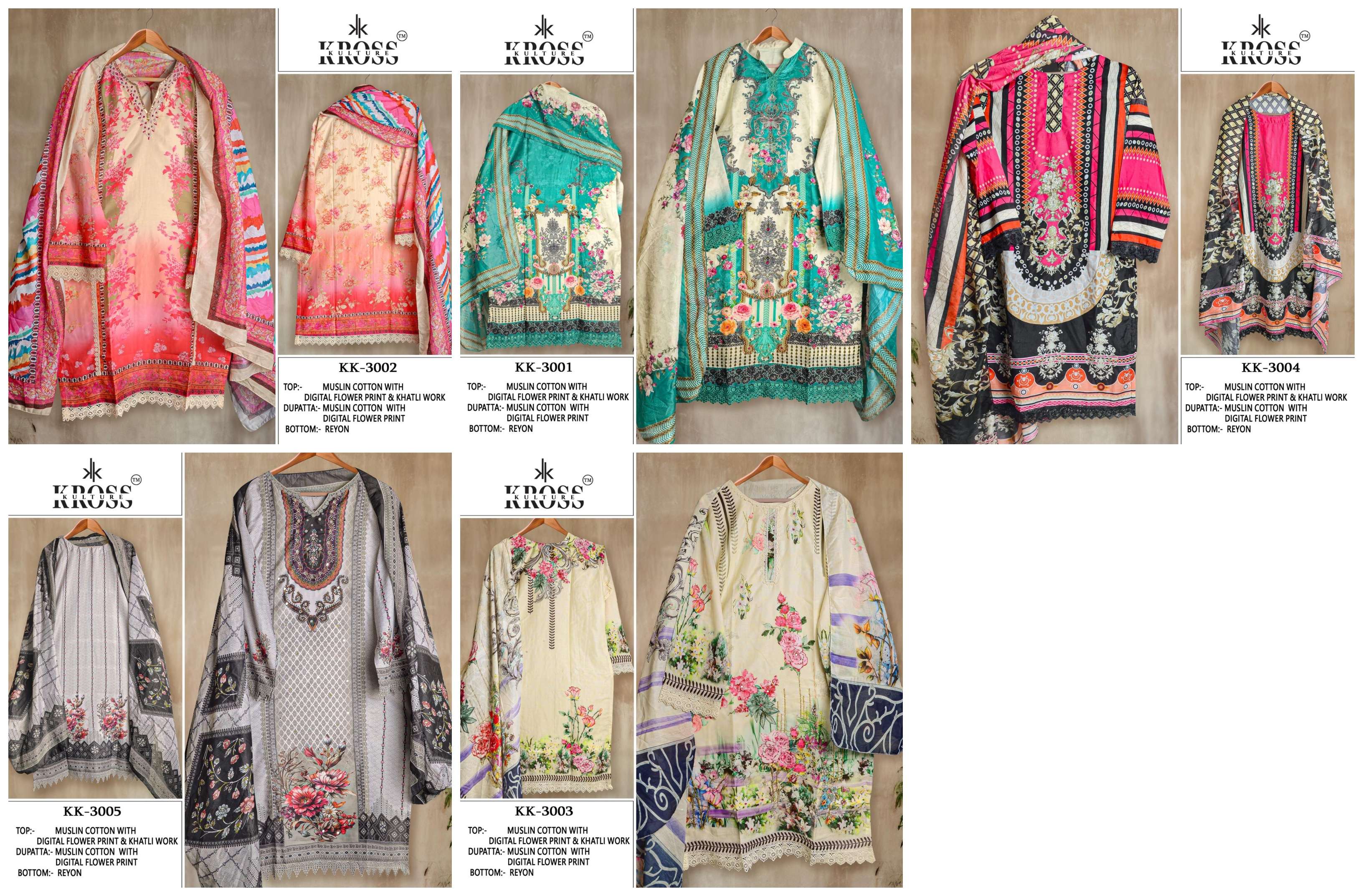  KROSS KULTURE KK 3001 TO 3005 MUSLIN FANCY WORK PAKISTANI SUIT