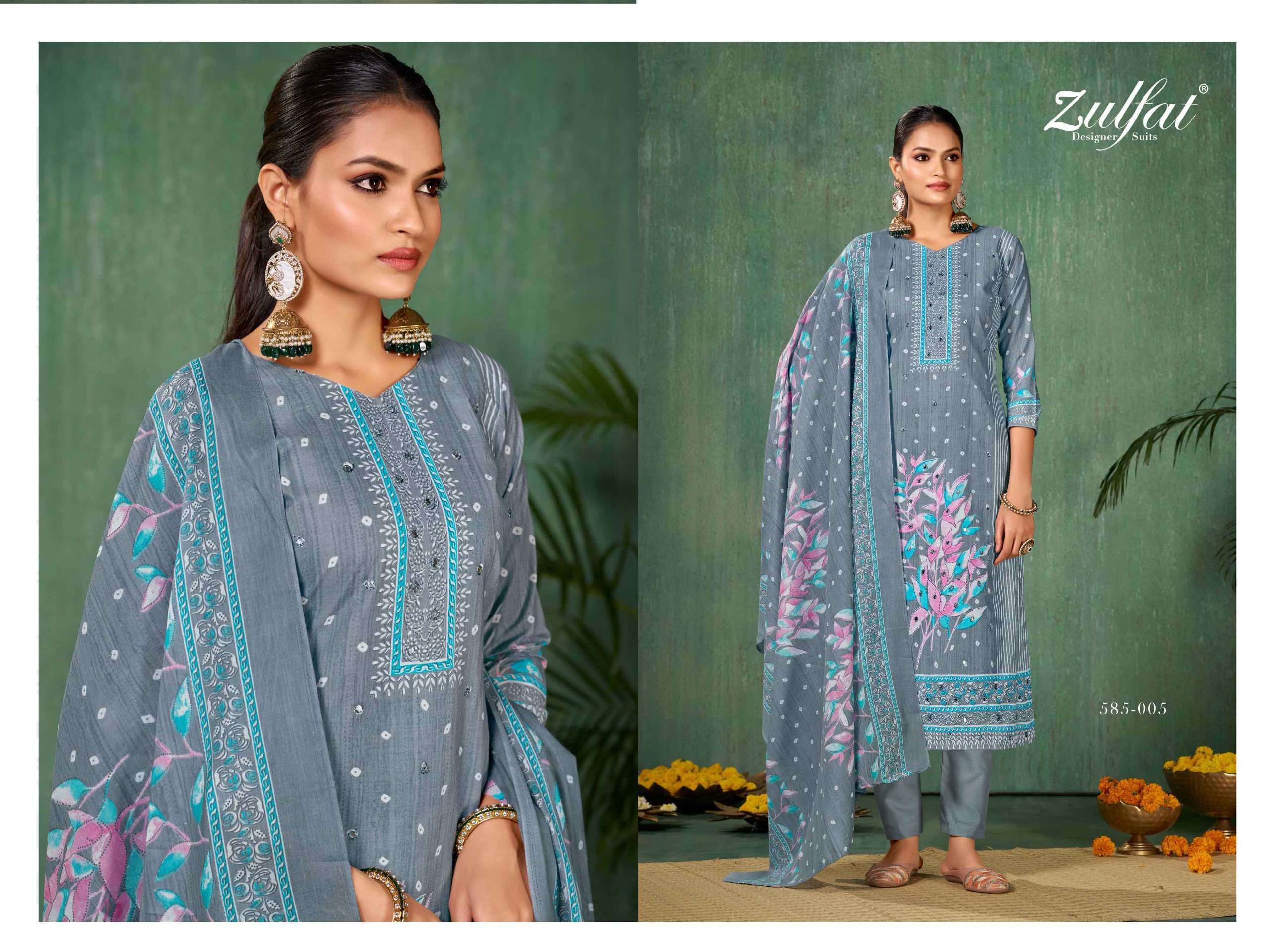 ZULFAT DESIGNER SUITS SUMMER SWAG VOL 5 COTTON PRINT WITH FANCY WORK SUIT